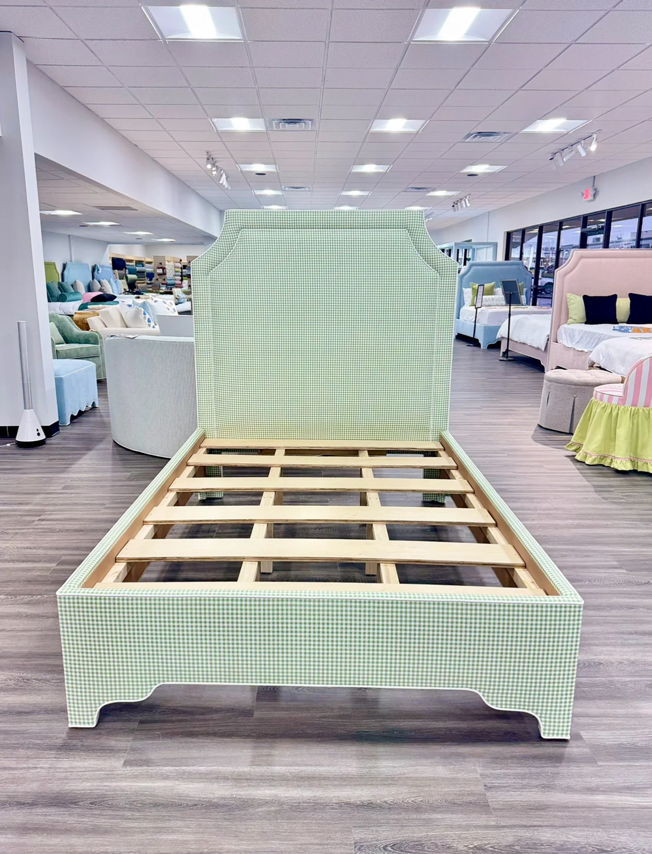 65”H Full Size Platform Upholstered Bed - Sage Green Gingham Fabric - White Trim - Image 2