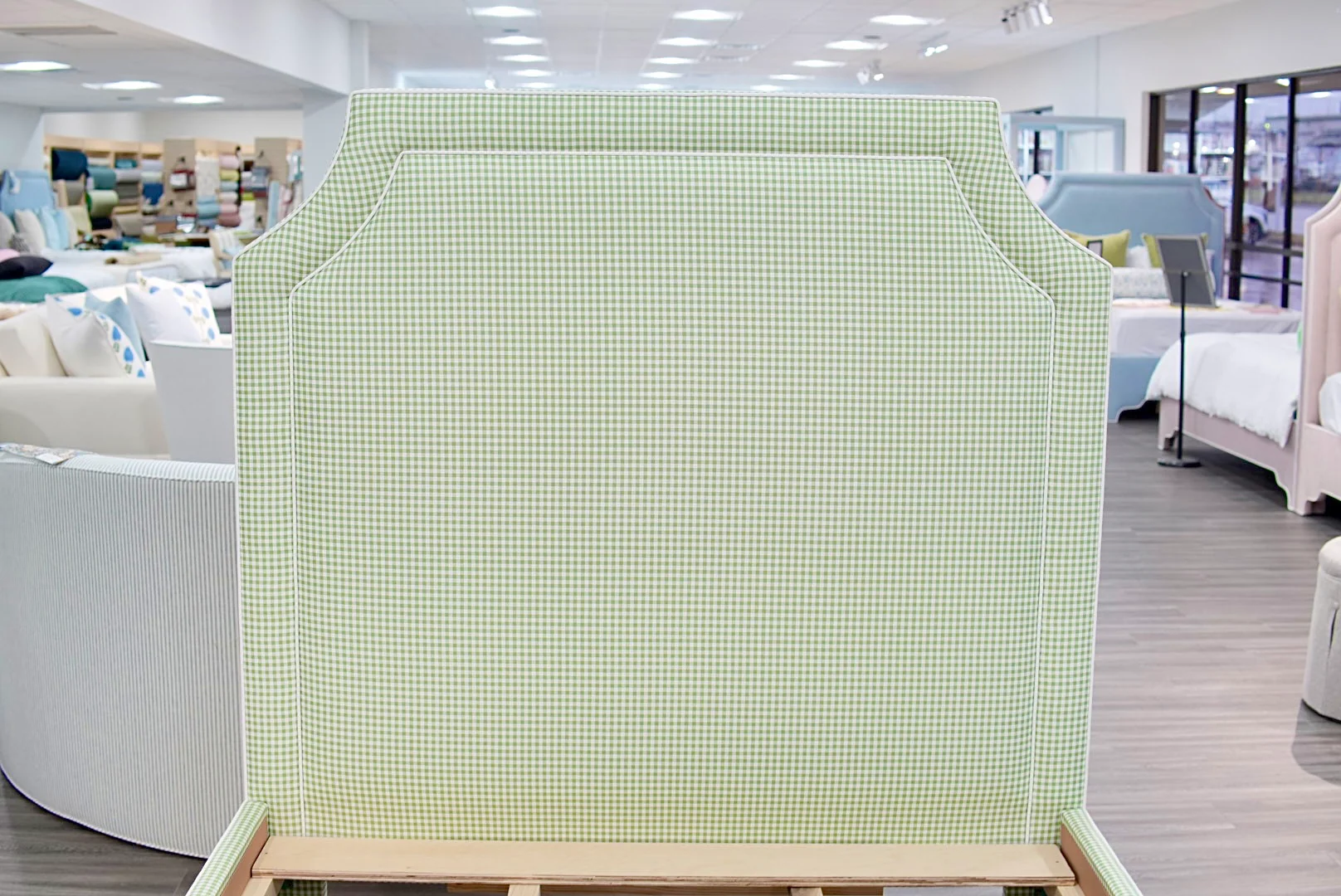 65”H Full Size Platform Upholstered Bed - Sage Green Gingham Fabric - White Trim - Image 7