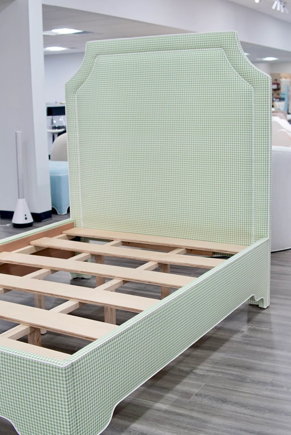 65”H Full Size Platform Upholstered Bed - Sage Green Gingham Fabric - White Trim - Image 8