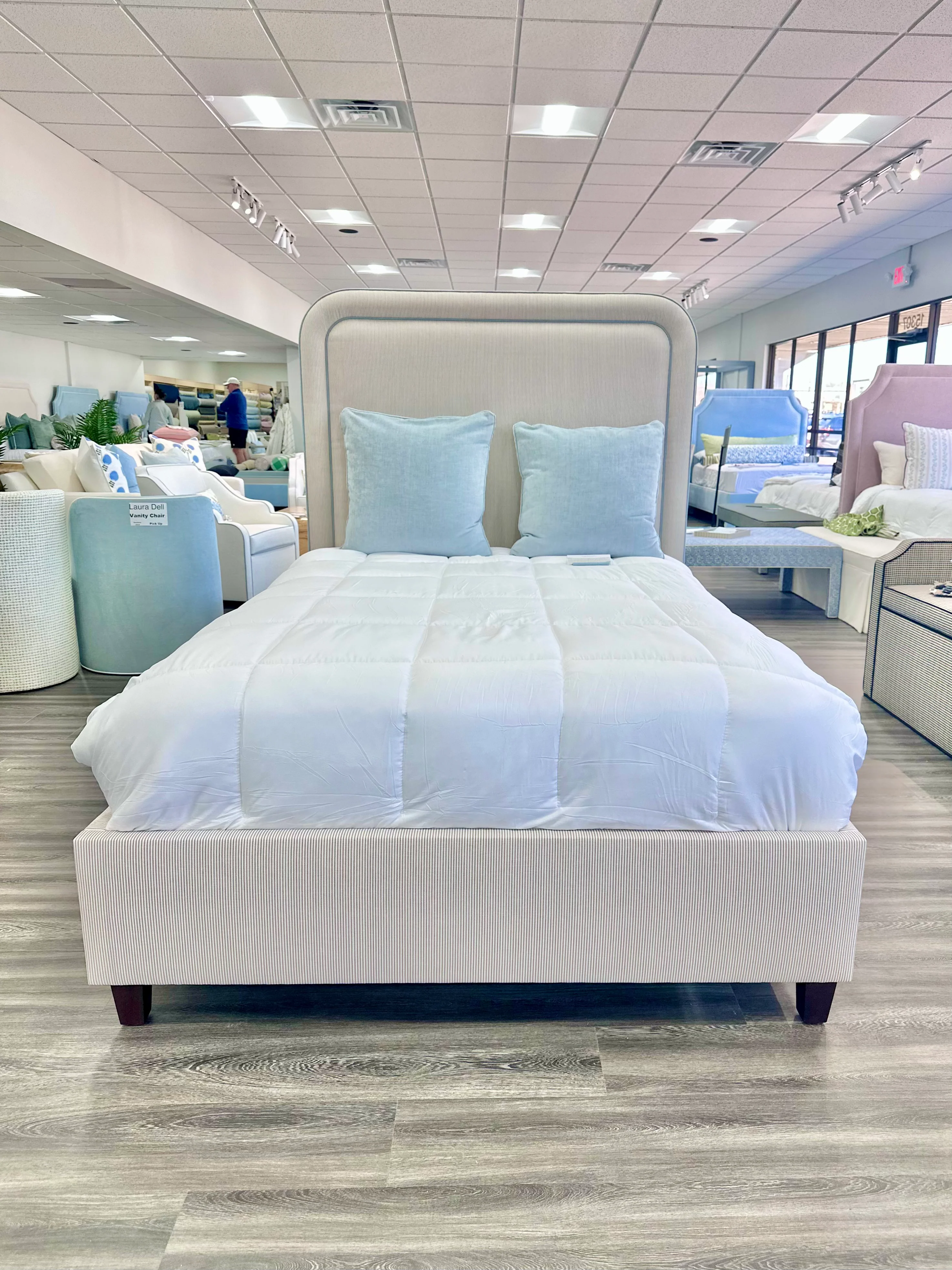 65”H Full Size Upholstered Bed with - Striped Serena & Lily Fabric - Sky Blue Trim - Image 2