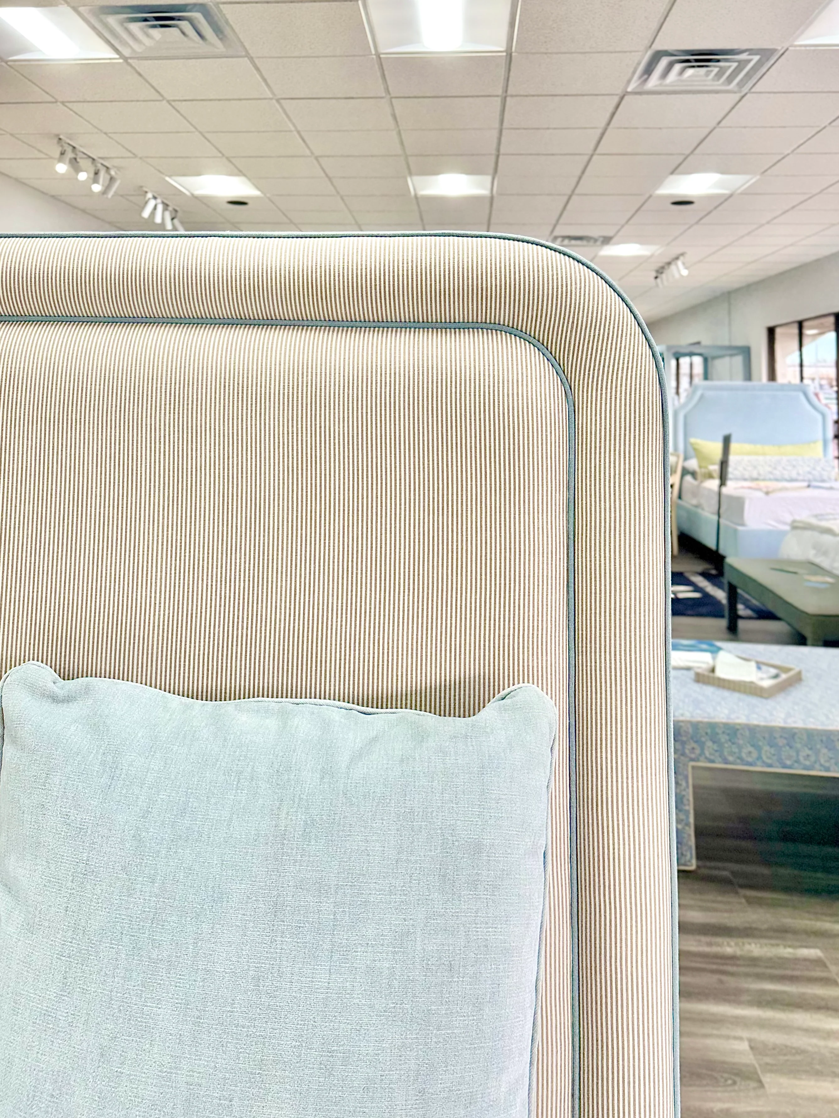 65”H Full Size Upholstered Bed with - Striped Serena & Lily Fabric - Sky Blue Trim - Image 3