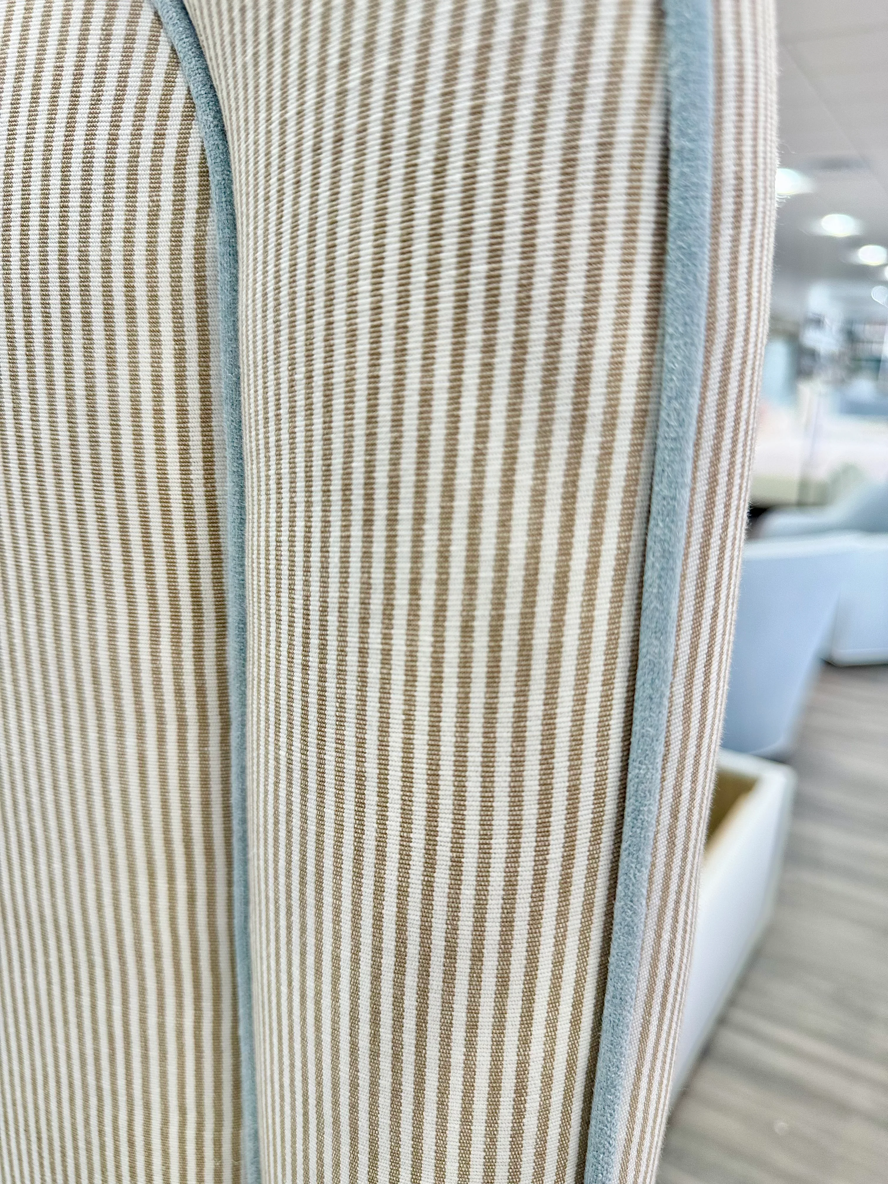 65”H Full Size Upholstered Bed with - Striped Serena & Lily Fabric - Sky Blue Trim - Image 6