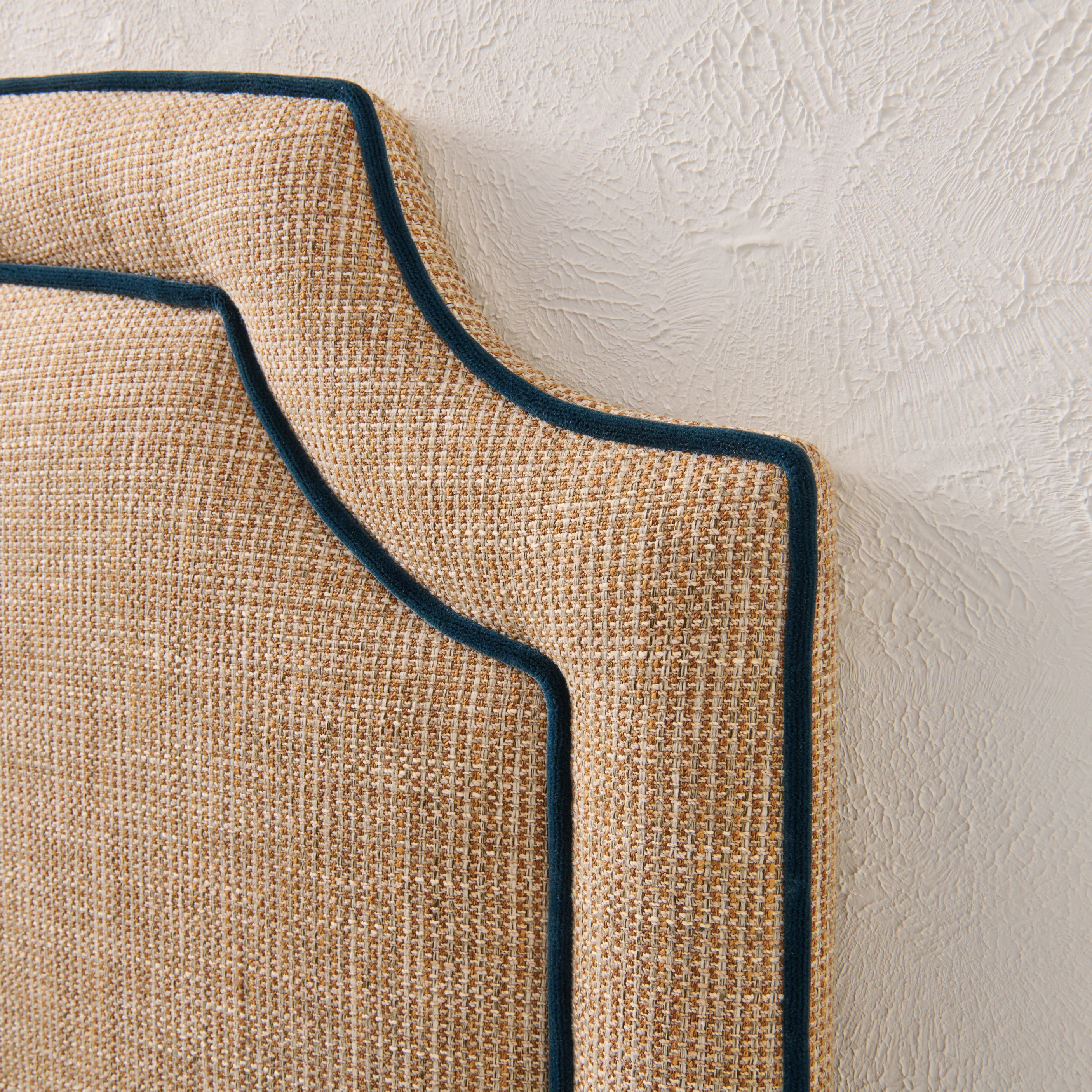 65”H King Headboard Only - Linen Headboard with Navy Velvet Piping. - Image 2