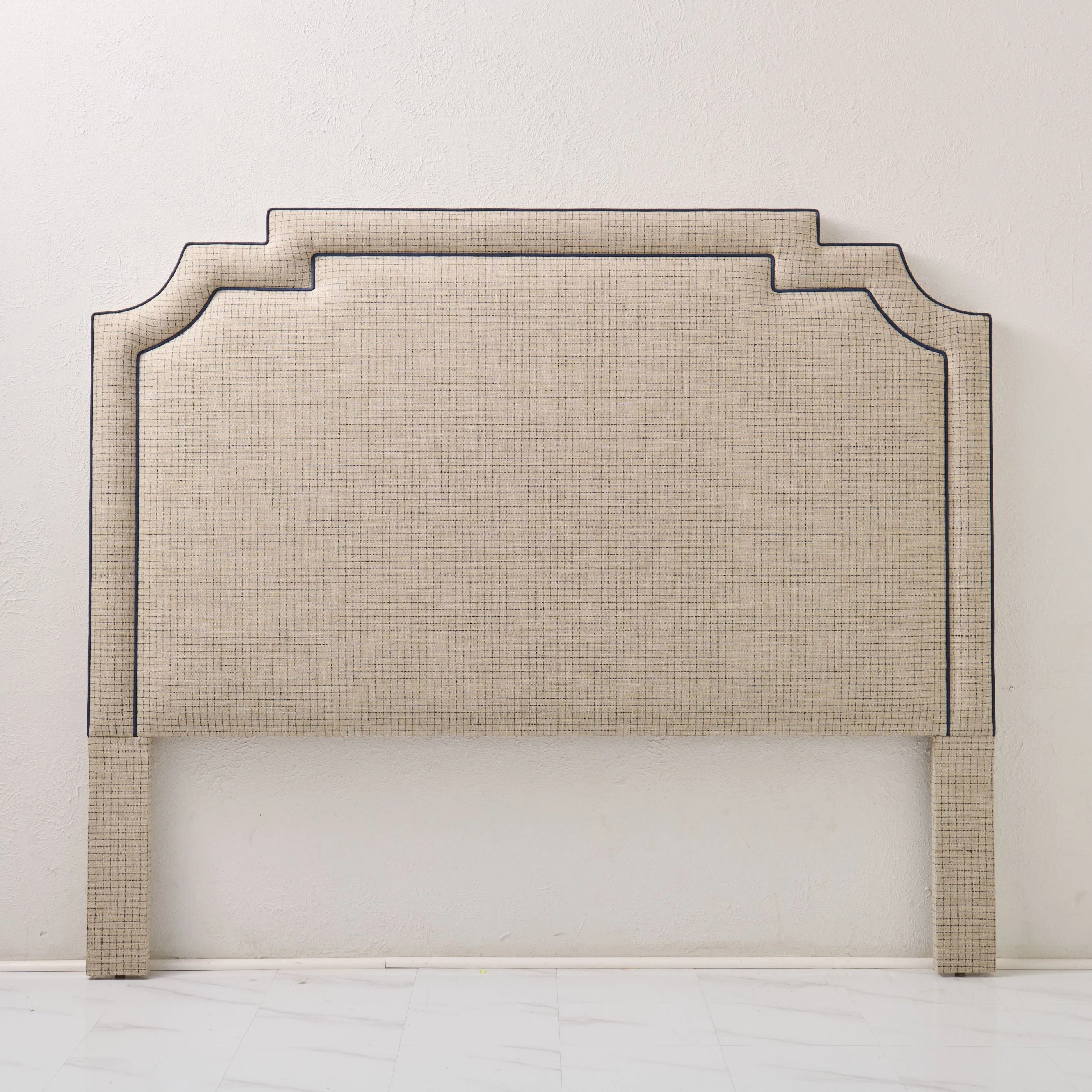 65”H King Headboard Only - Beige Checkered Fabric - Navy Trim - Image 2