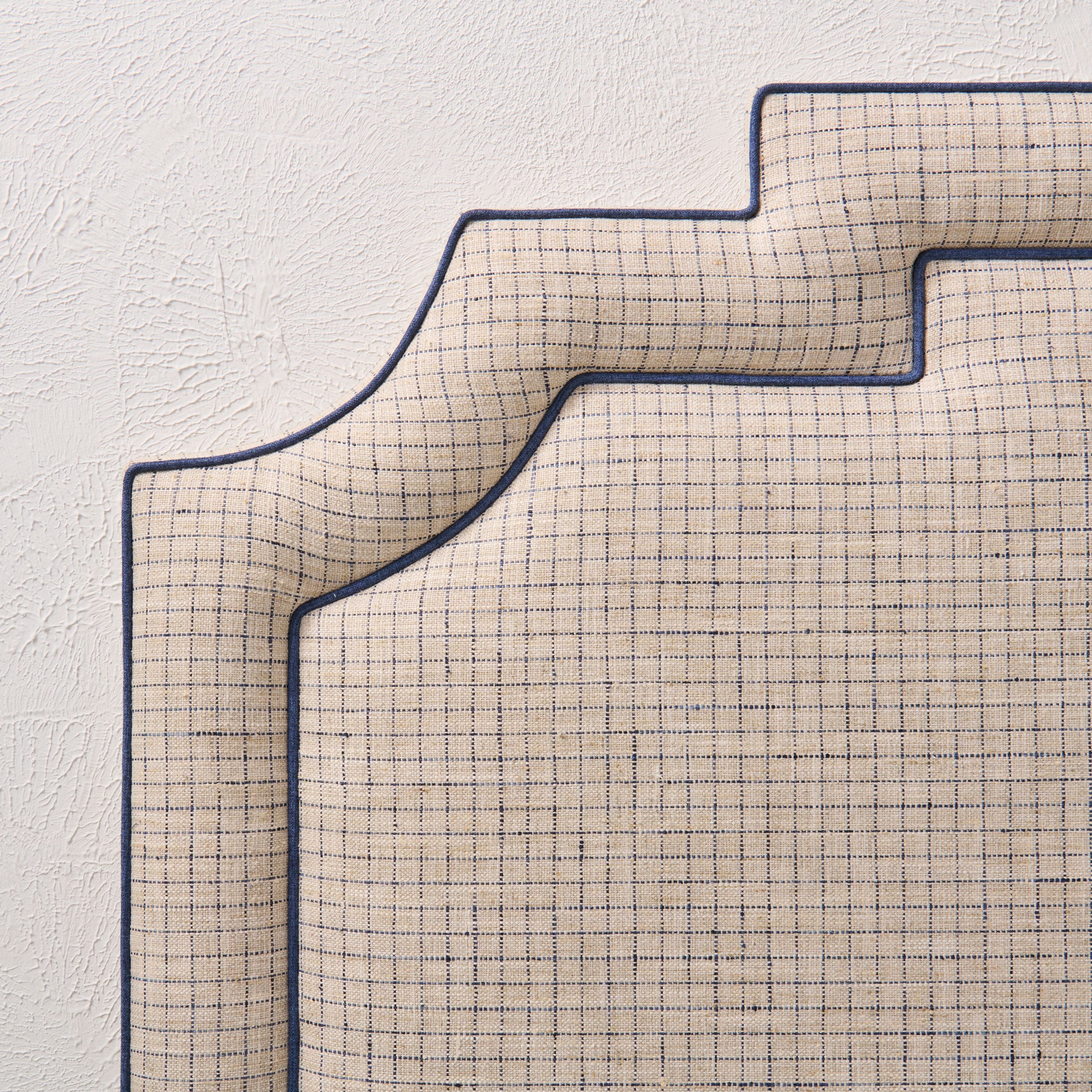 65”H King Headboard Only - Beige Checkered Fabric - Navy Trim - Image 3