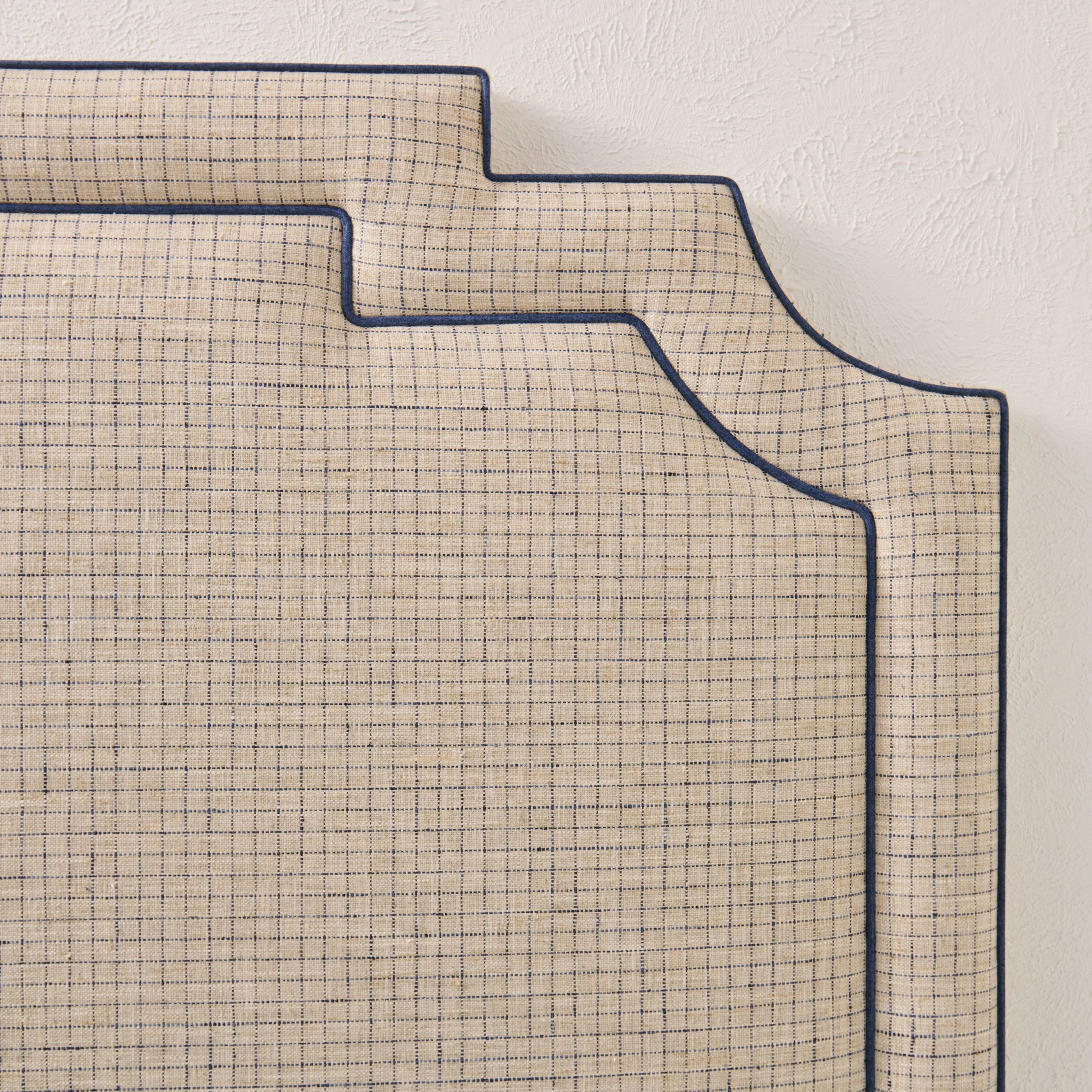 65”H King Headboard Only - Beige Checkered Fabric - Navy Trim - Image 4