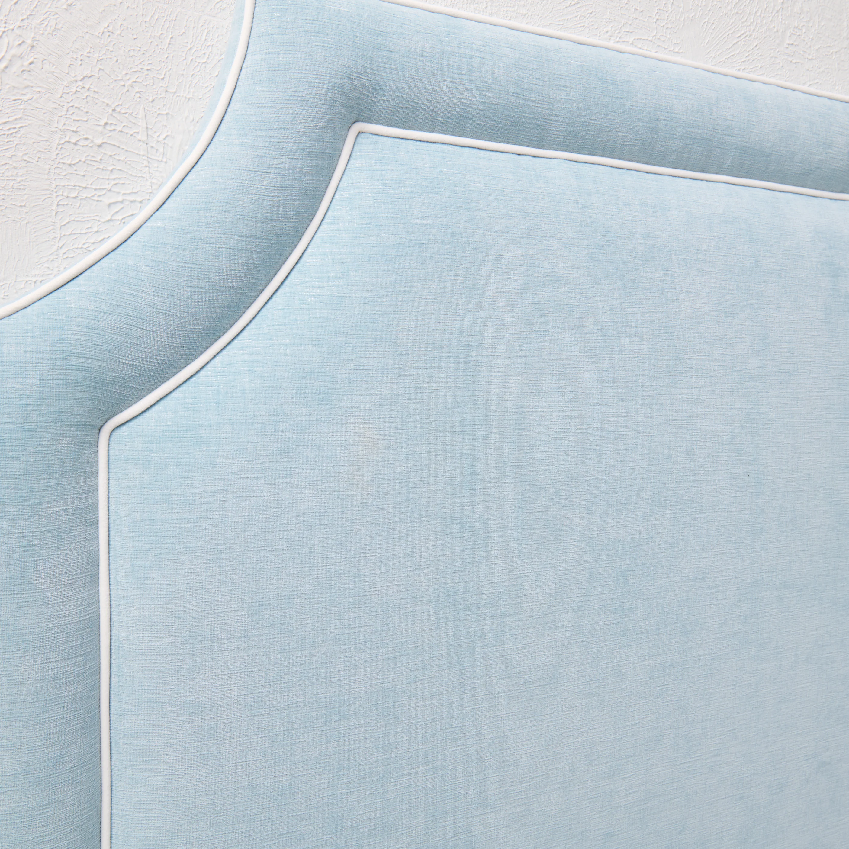 65”H King Headboard only - Seafoam Blue Chenille Fabric with White Trim - Image 6