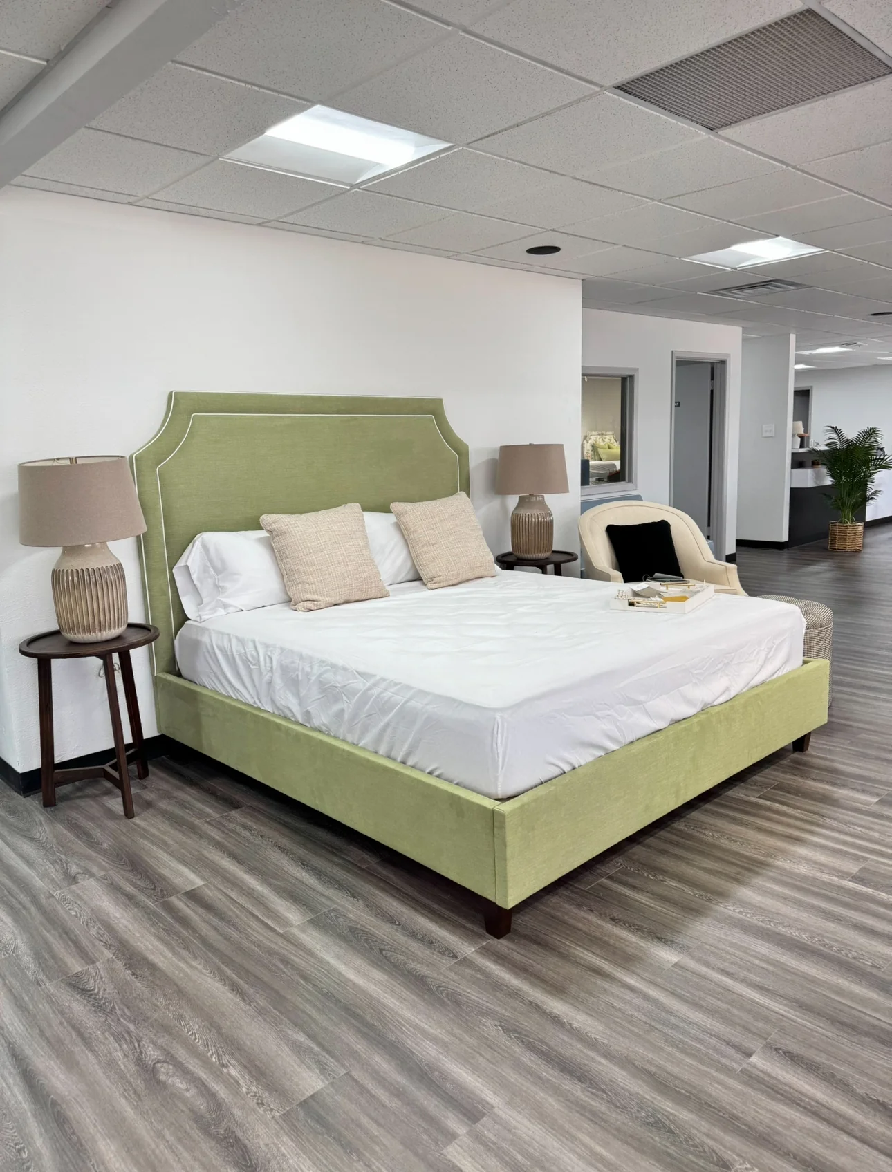 65" H King Upholstered Platform Bed - Brown Wooden Legs - Pistachio Green Woven Fabric with White Trim - Image 5
