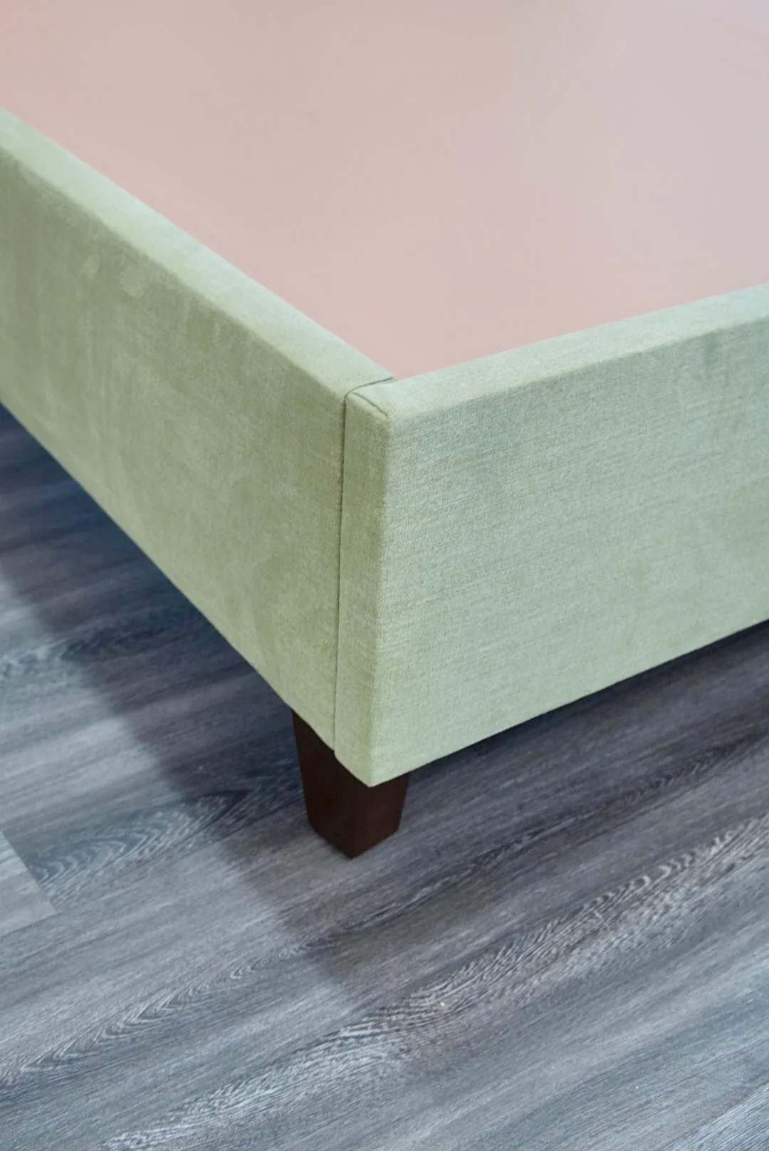 65" H King Upholstered Platform Bed - Brown Wooden Legs - Pistachio Green Woven Fabric with White Trim - Image 6