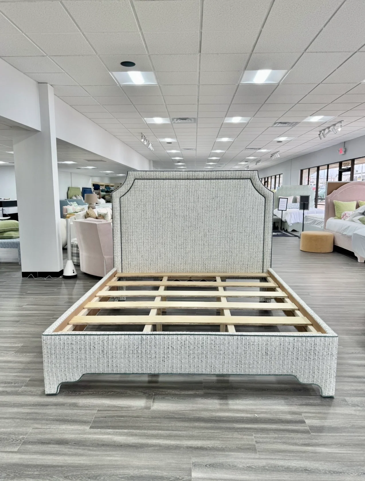 65" H King Platform Bed - Scalloped Legs - Textured Kravet Fabric- Teal Trim - Image 8