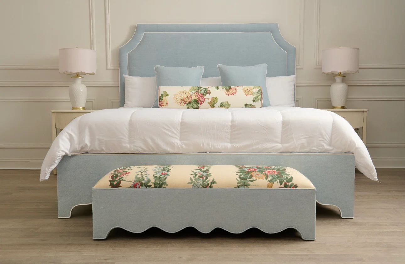 65" H King Platform Bed - Scalloped Legs - Sky Blue Woven Fabric with White Trim - Image 2