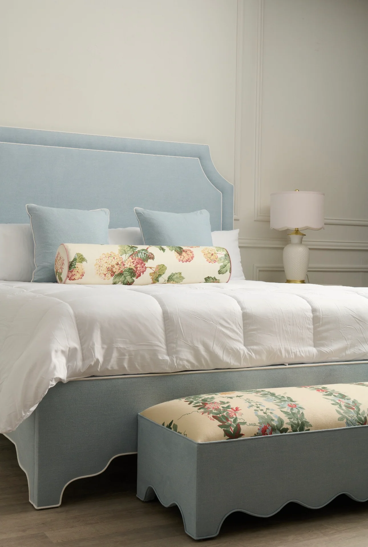 65" H King Platform Bed - Scalloped Legs - Sky Blue Woven Fabric with White Trim - Image 6