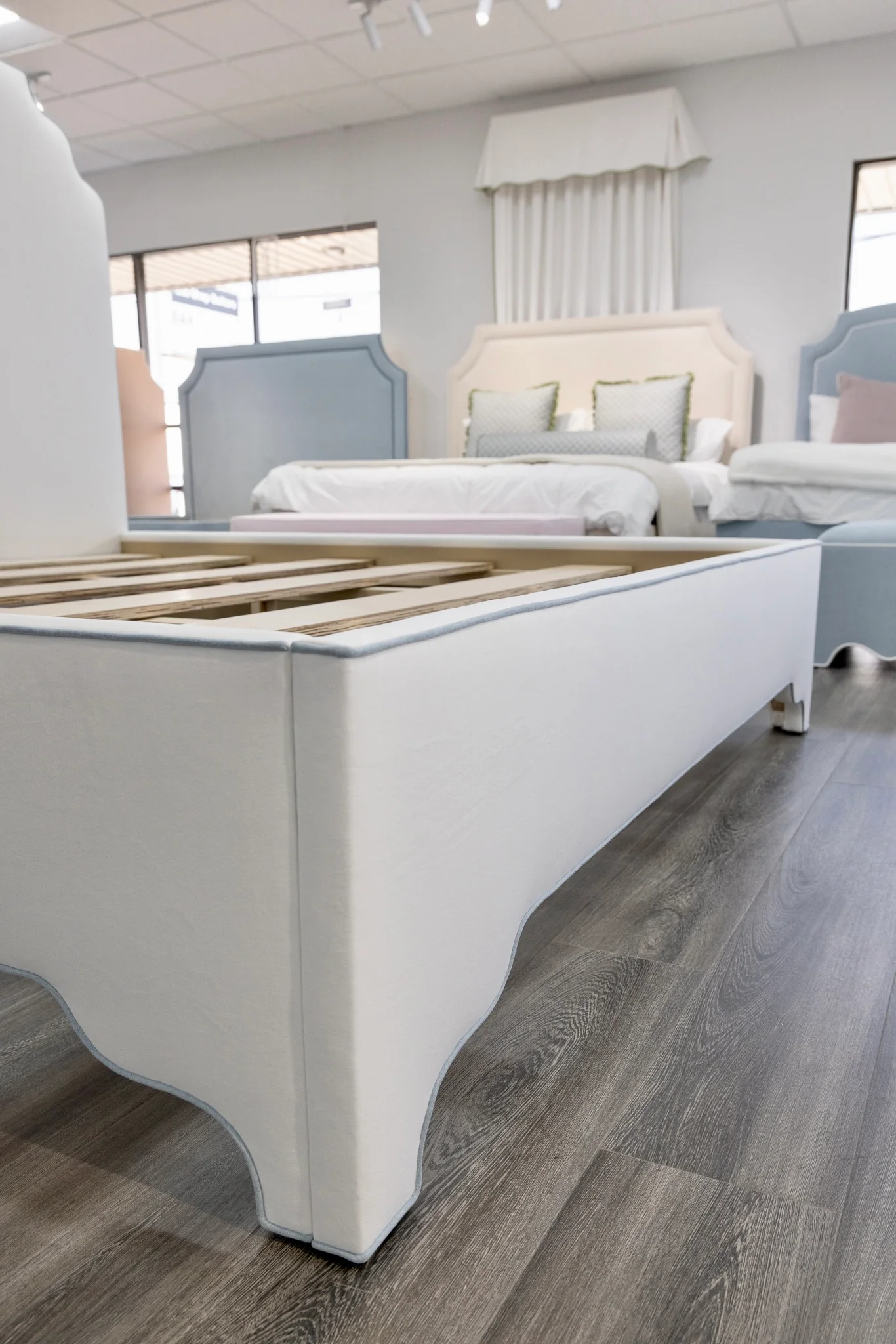 65" H King Platform Bed - Scalloped Legs - White Performance Velvet Fabric - Sky Blue Trim - Image 2