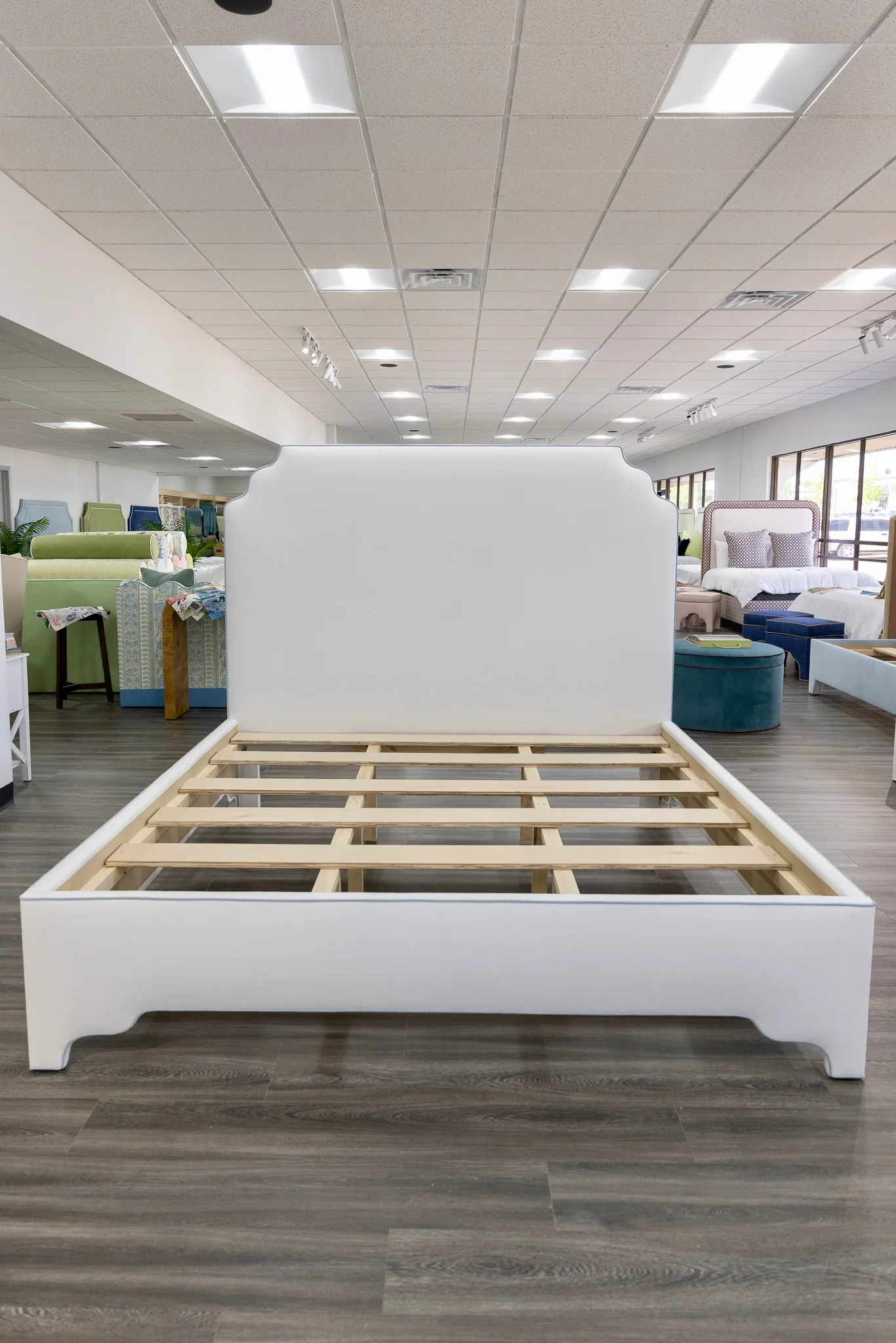 65" H King Platform Bed - Scalloped Legs - White Performance Velvet Fabric - Sky Blue Trim - Image 4