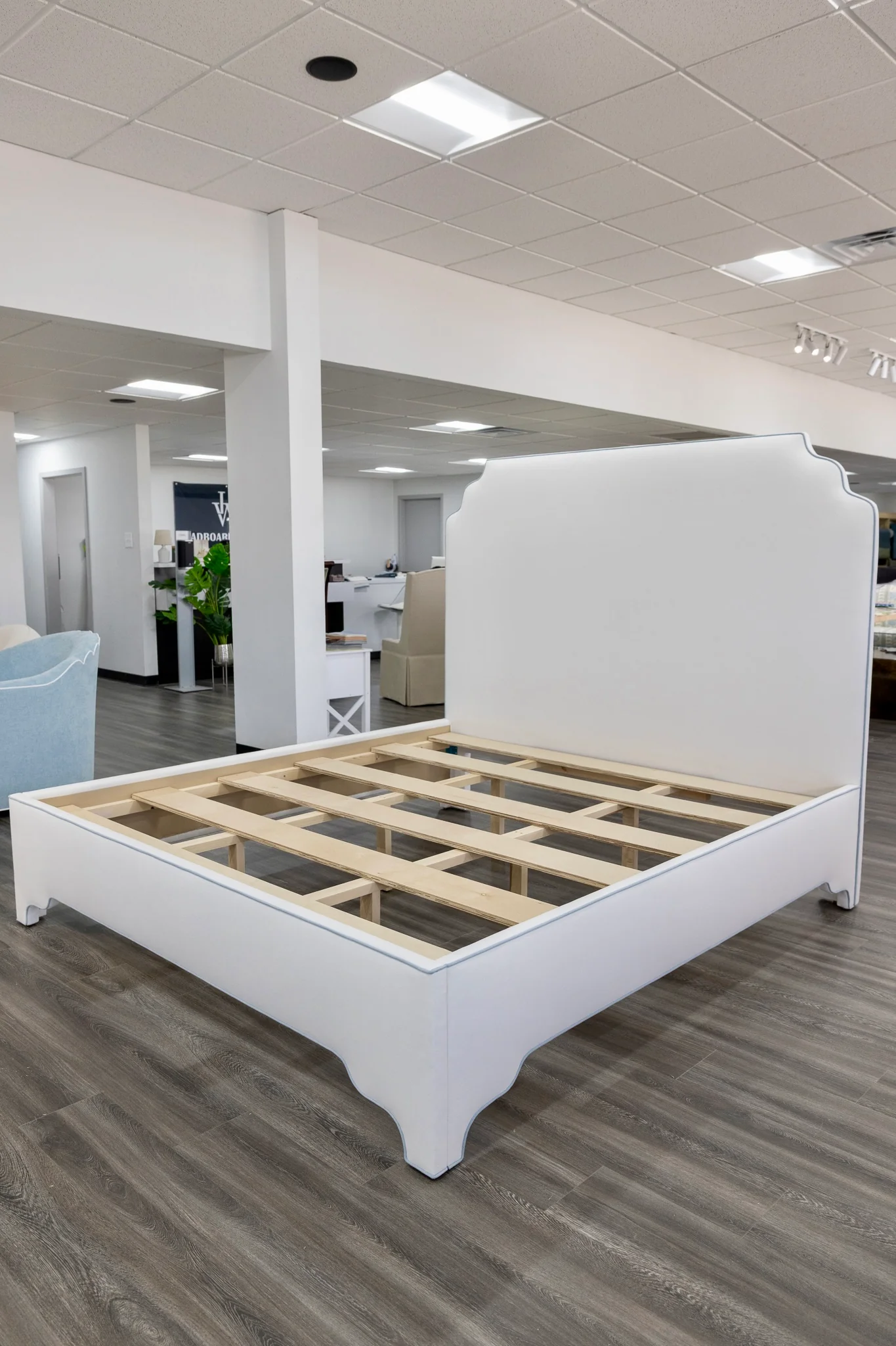 65" H King Platform Bed - Scalloped Legs - White Performance Velvet Fabric - Sky Blue Trim - Image 5