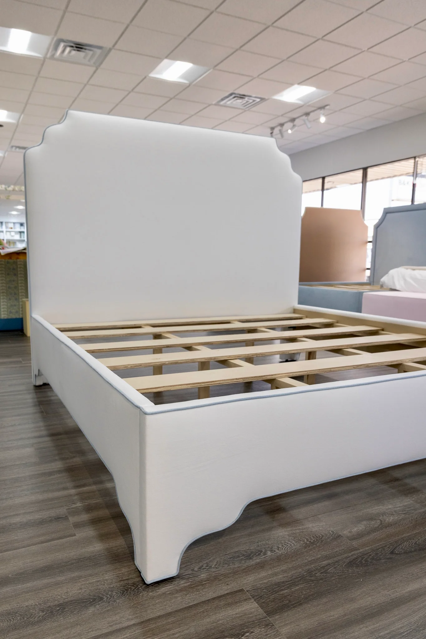 65" H King Platform Bed - Scalloped Legs - White Performance Velvet Fabric - Sky Blue Trim - Image 6