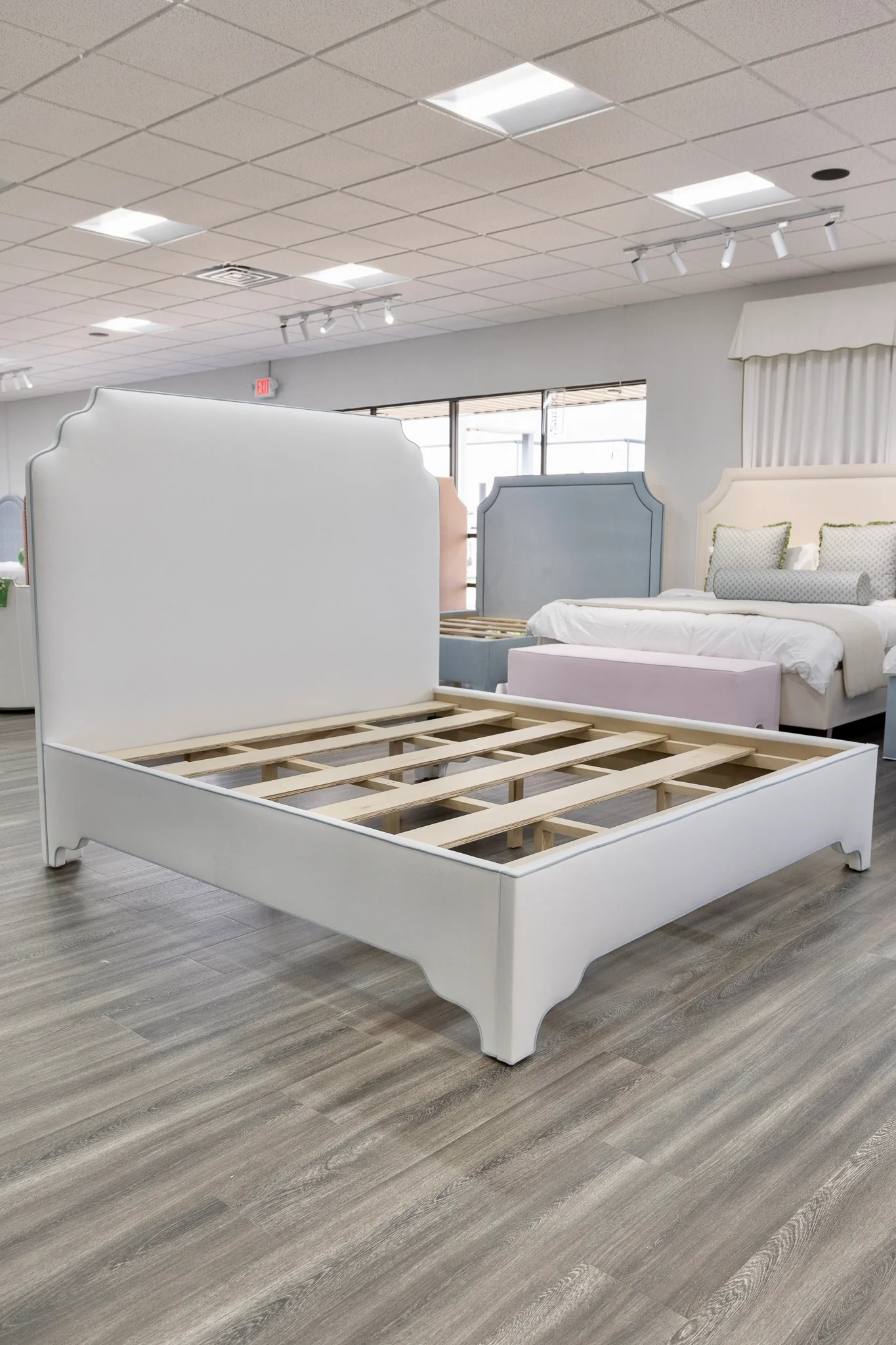 65" H King Platform Bed - Scalloped Legs - White Performance Velvet Fabric - Sky Blue Trim - Image 7