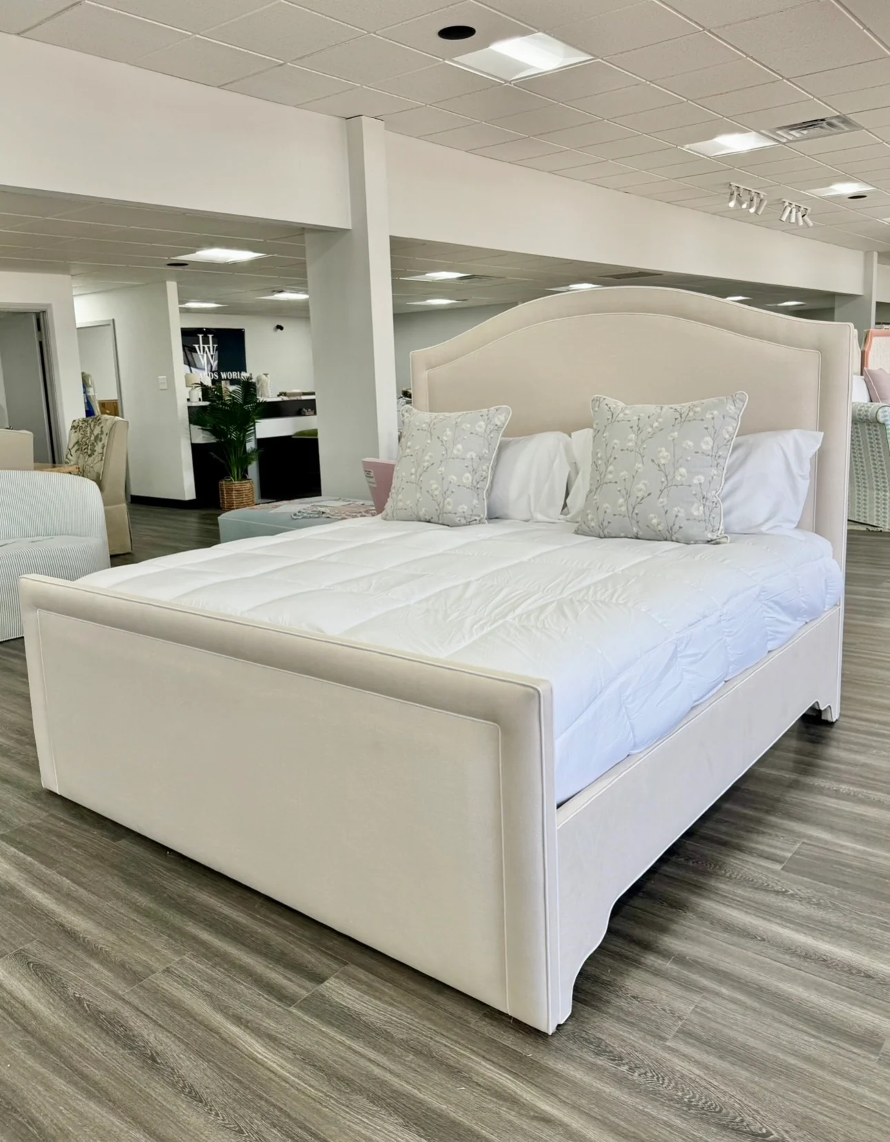 65"H King Platform Bed - Upholstered Footboard - Oatmeal Woven Fabric - White Trim - Image 2