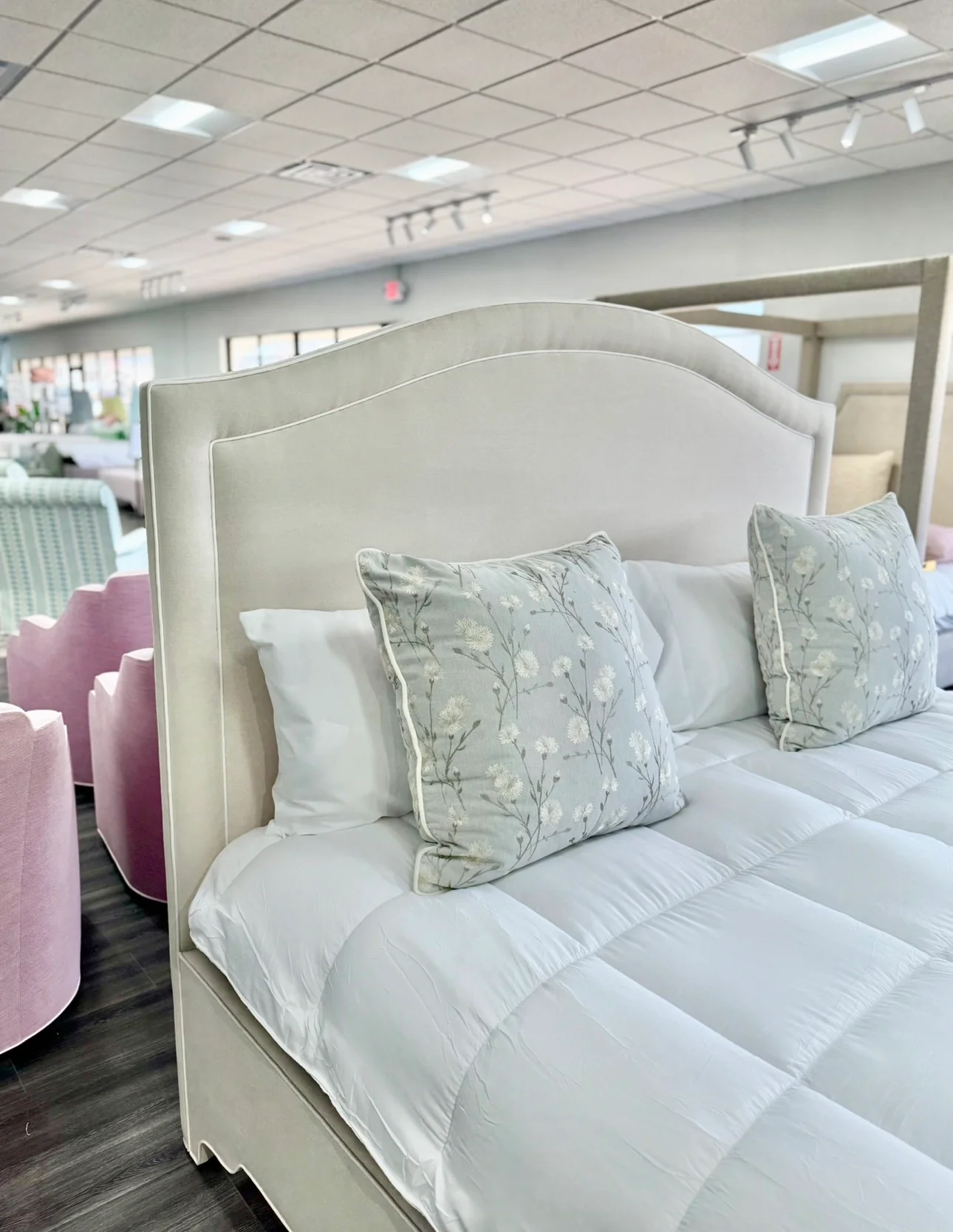 65"H King Platform Bed - Upholstered Footboard - Oatmeal Woven Fabric - White Trim - Image 3