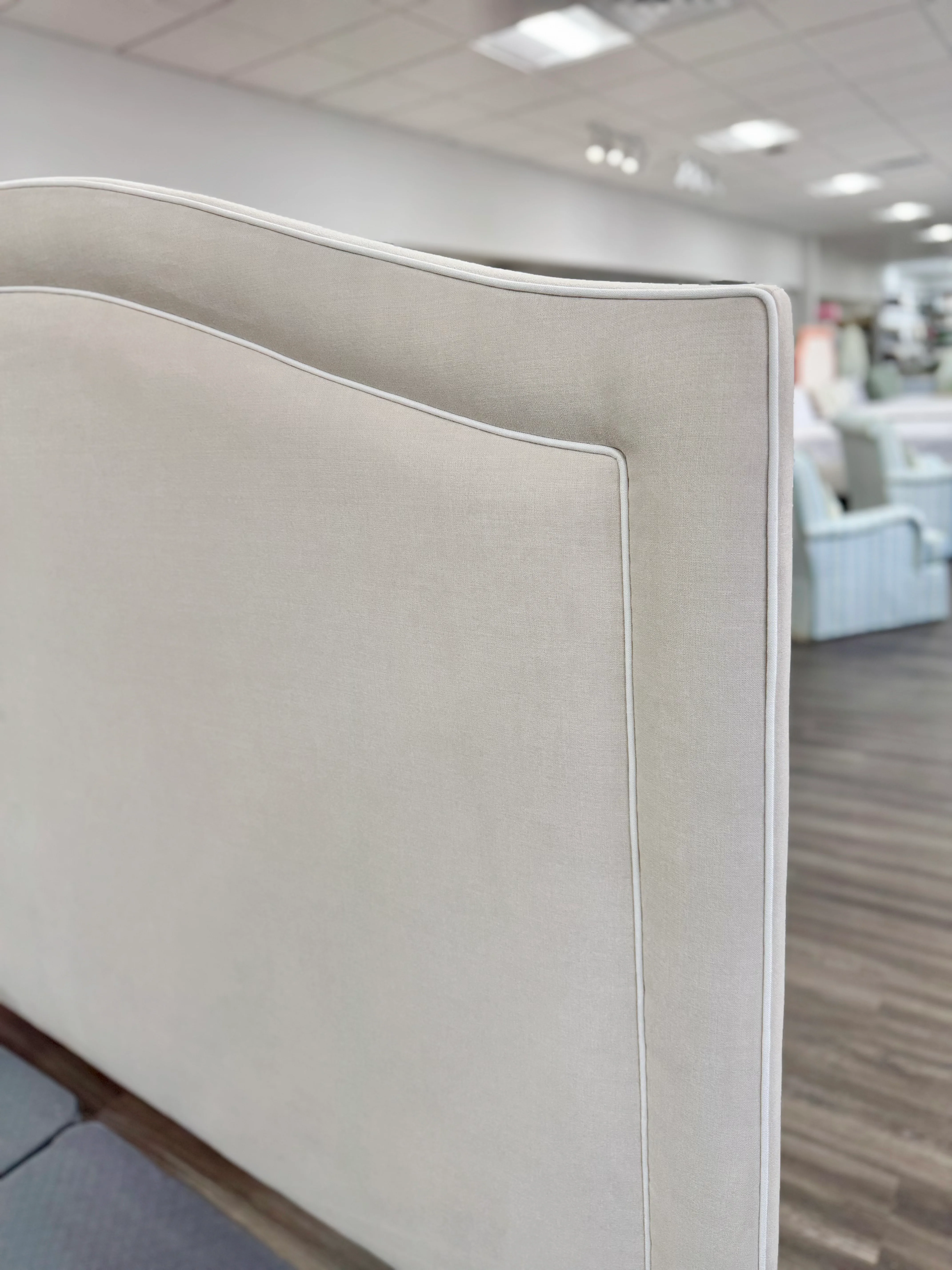 65"H King Platform Bed - Upholstered Footboard - Oatmeal Woven Fabric - White Trim - Image 6