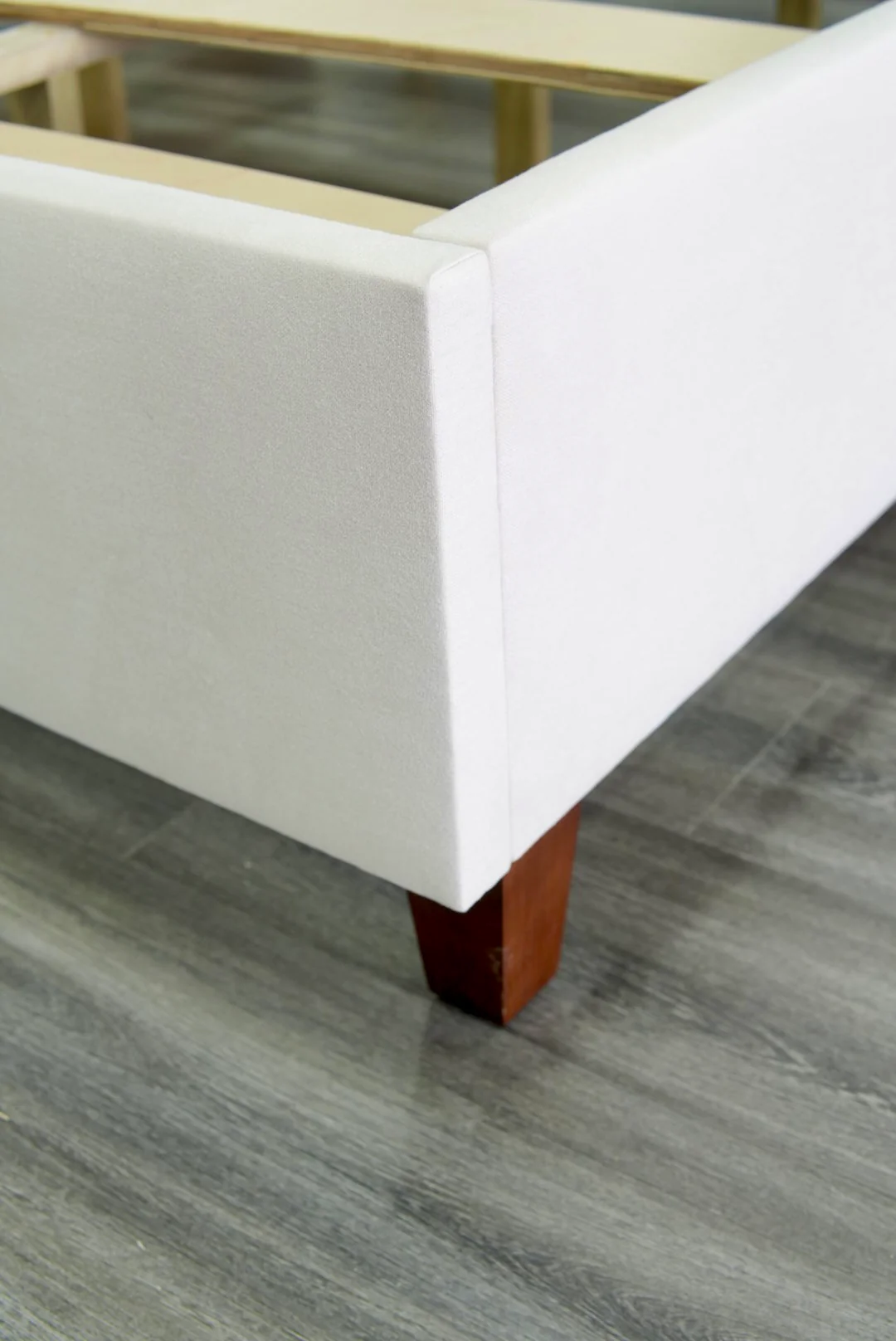 65" H King Platform Bed - Wooden Legs - Oatmeal Woven Fabric - White Welted - Image 10