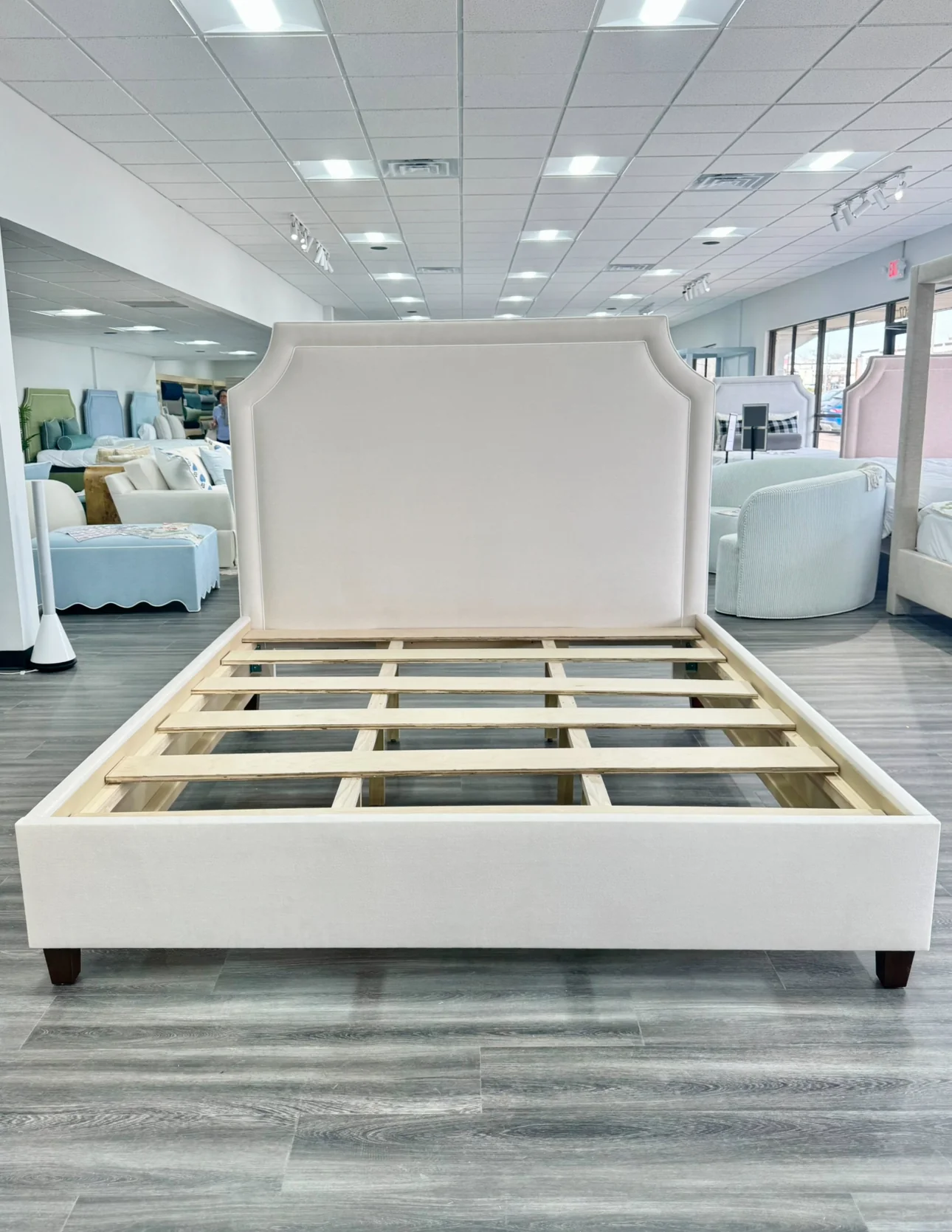 65" H King Platform Bed - Wooden Legs - Oatmeal Woven Fabric - White Welted - Image 11