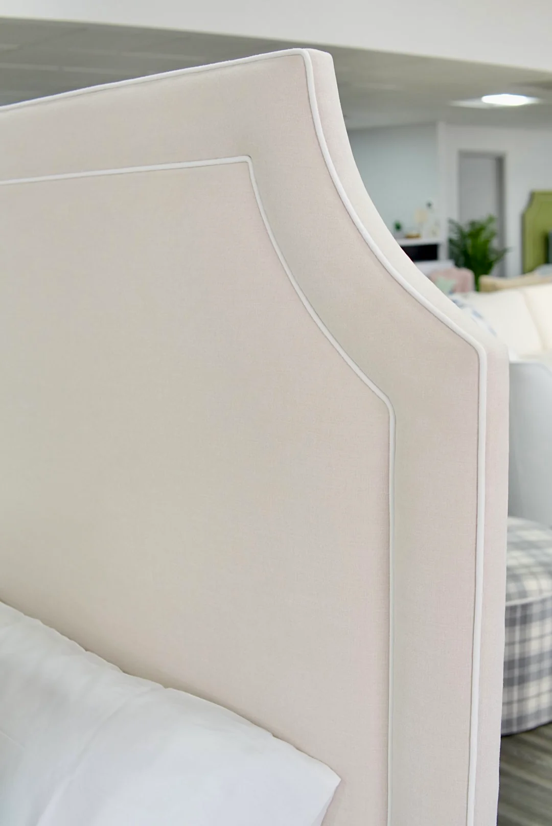 65" H King Platform Bed - Wooden Legs - Oatmeal Woven Fabric - White Welted - Image 12