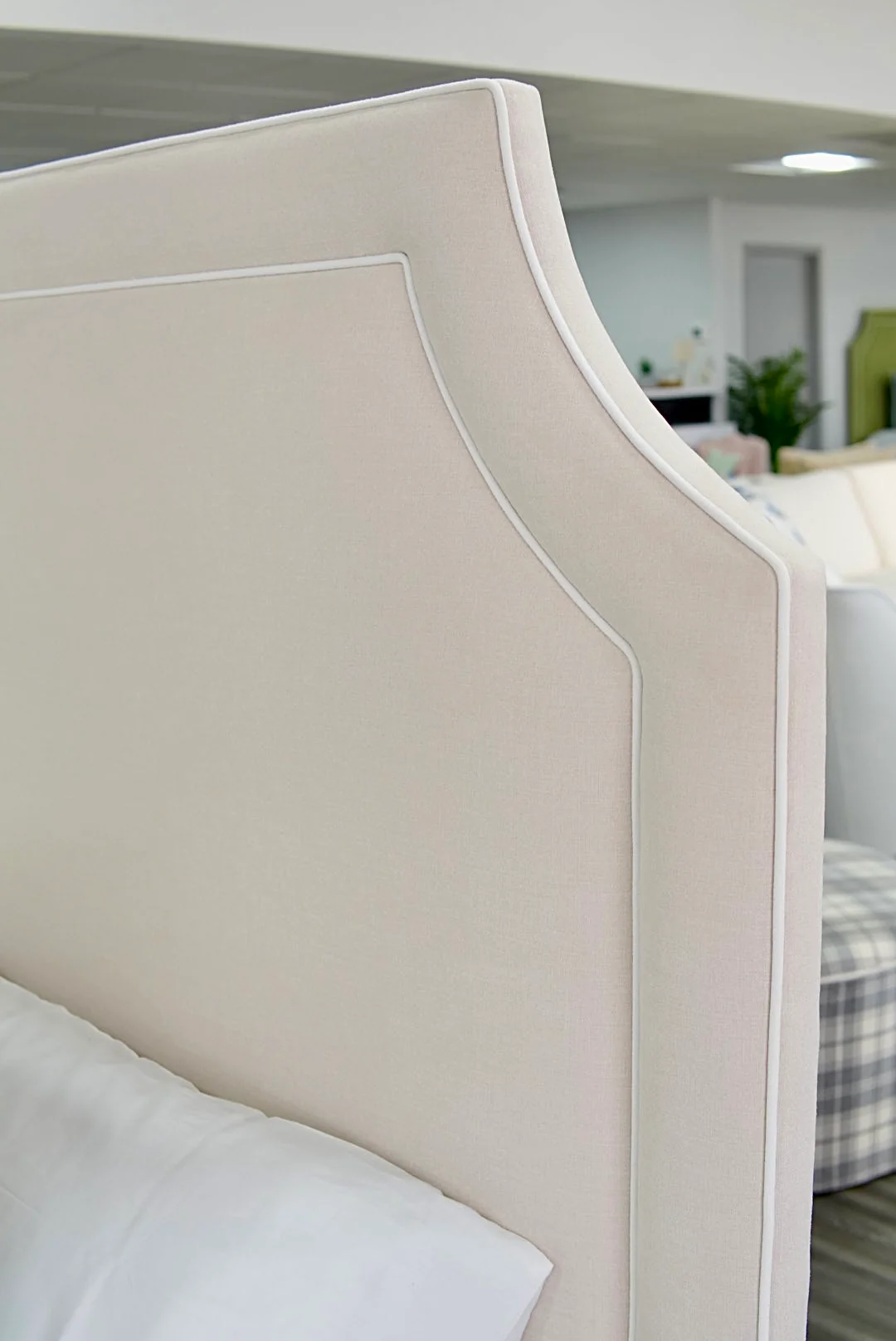 65" H King Platform Bed - Wooden Legs - Oatmeal Woven Fabric - White Welted - Image 13