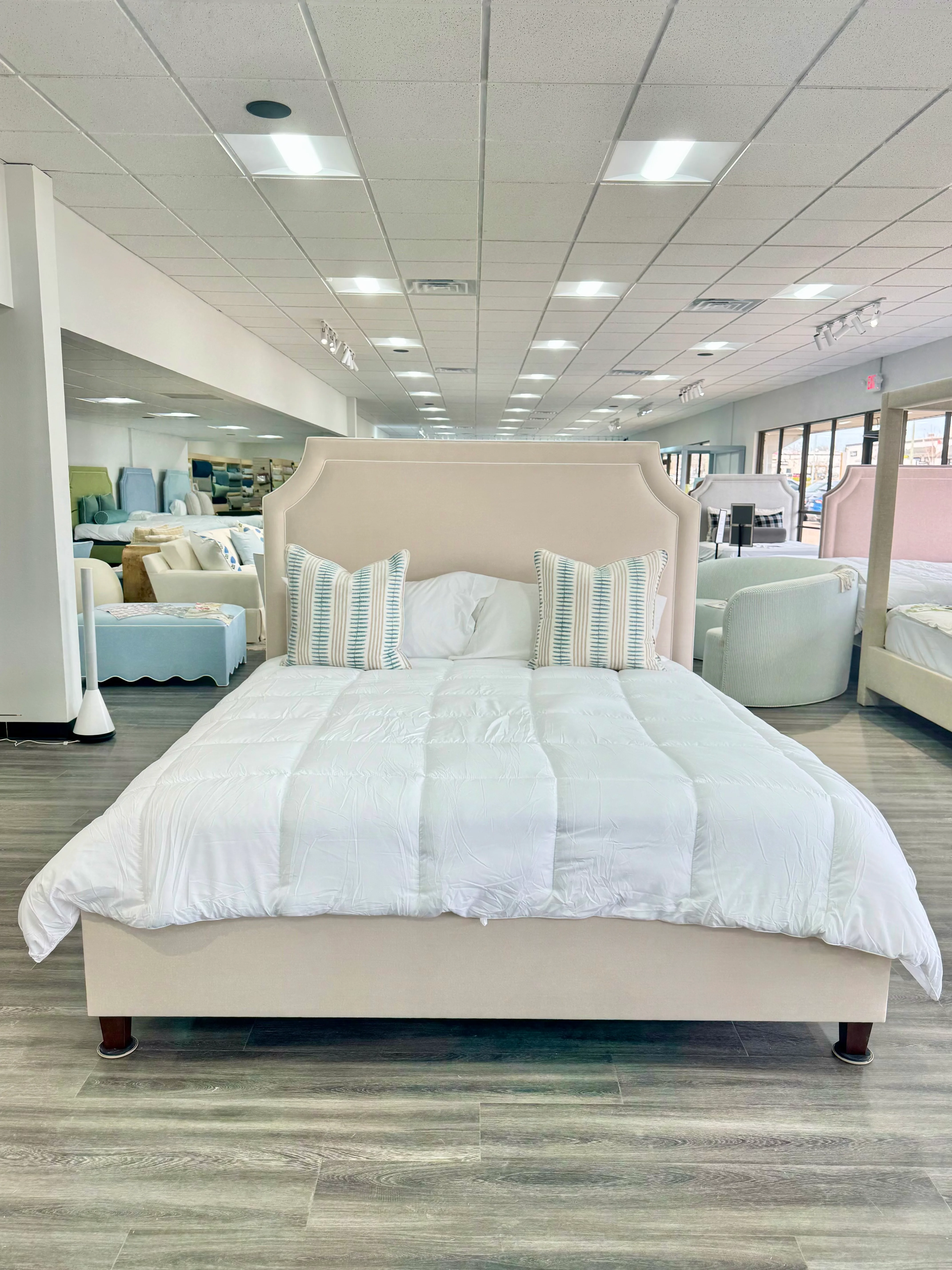 65" H King Platform Bed - Wooden Legs - Oatmeal Woven Fabric - White Welted - Image 2