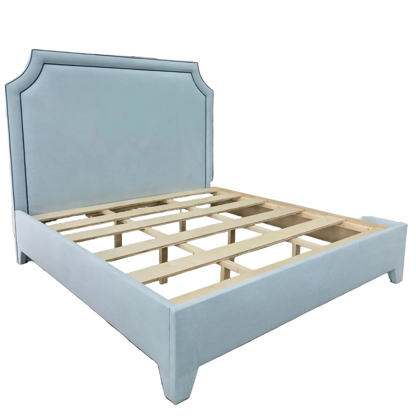 65" H King Platform Bed - Upholstered Legs - Sky Blue Woven Fabric with Navy Trim