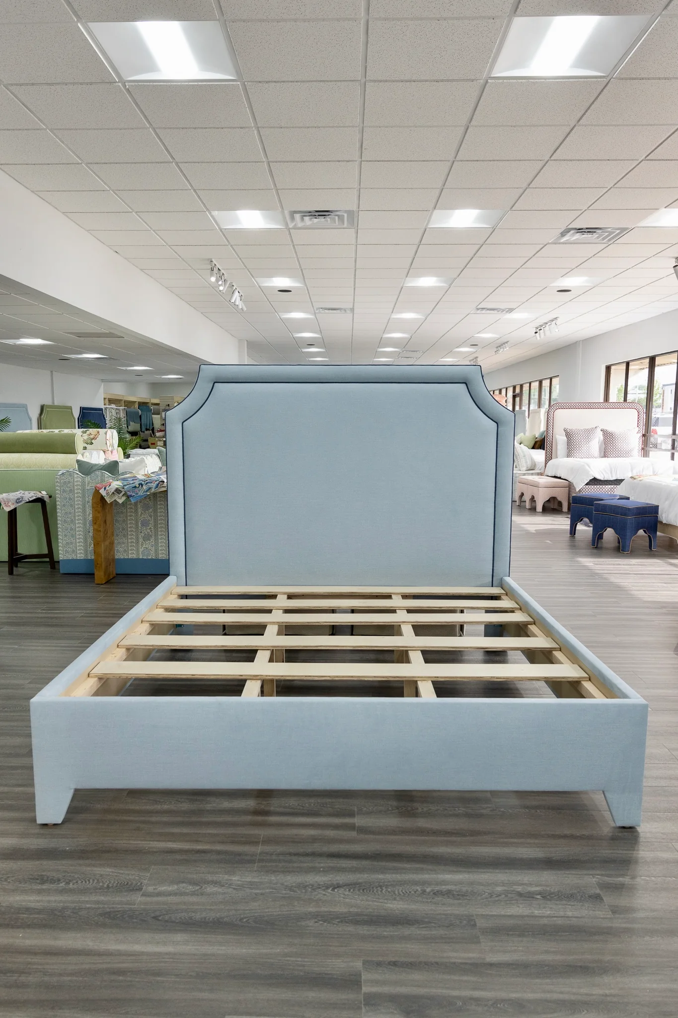 65" H King Platform Bed - Upholstered Legs - Sky Blue Woven Fabric with Navy Trim - Image 2