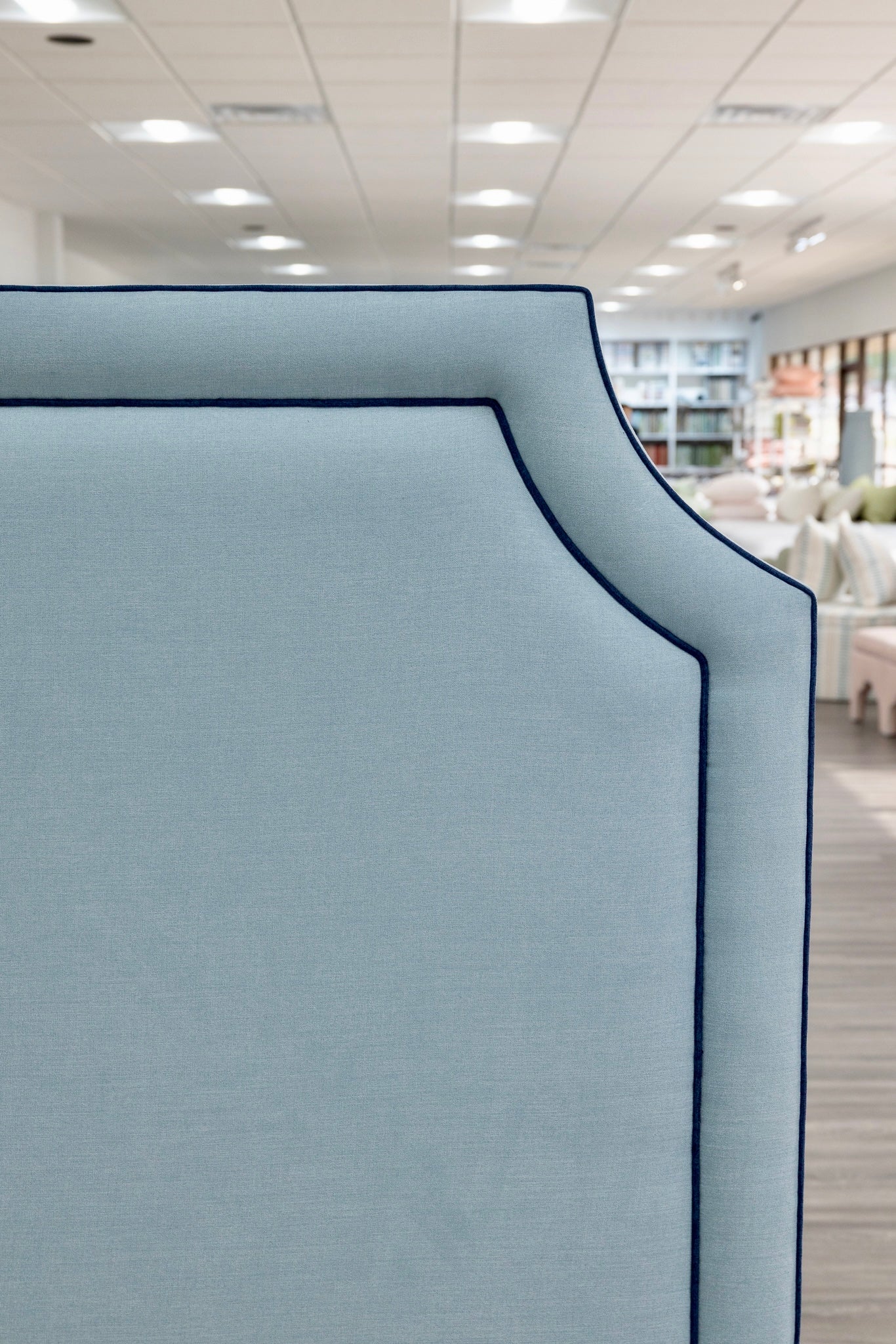 65" H King Platform Bed - Upholstered Legs - Sky Blue Woven Fabric with Navy Trim - Image 3