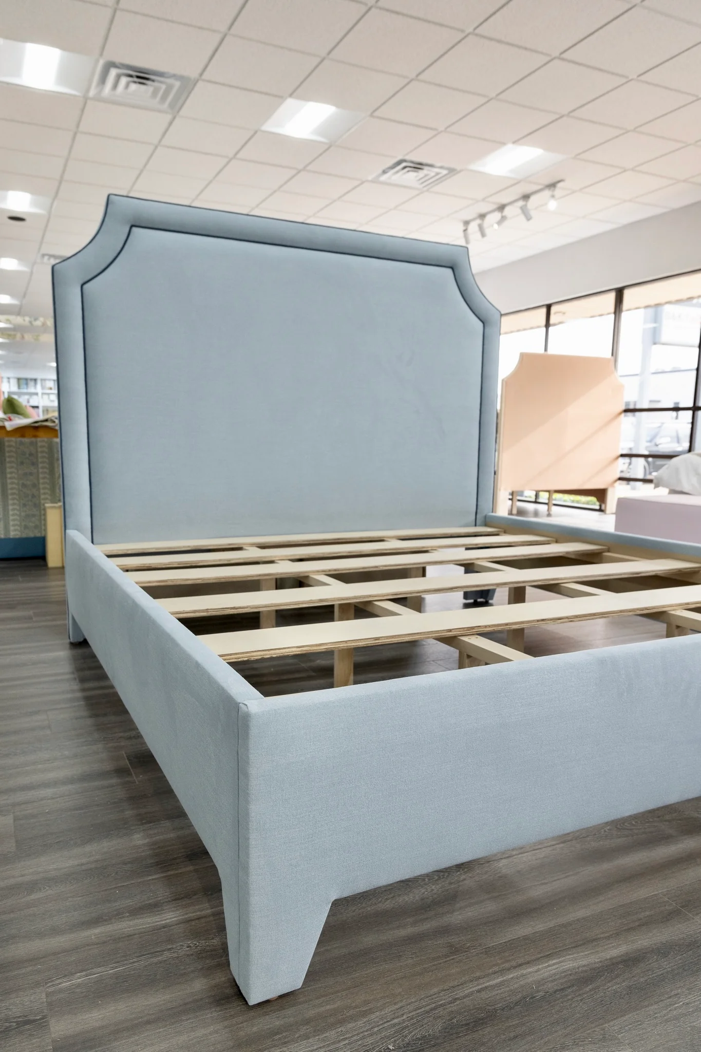 65" H King Platform Bed - Upholstered Legs - Sky Blue Woven Fabric with Navy Trim - Image 4