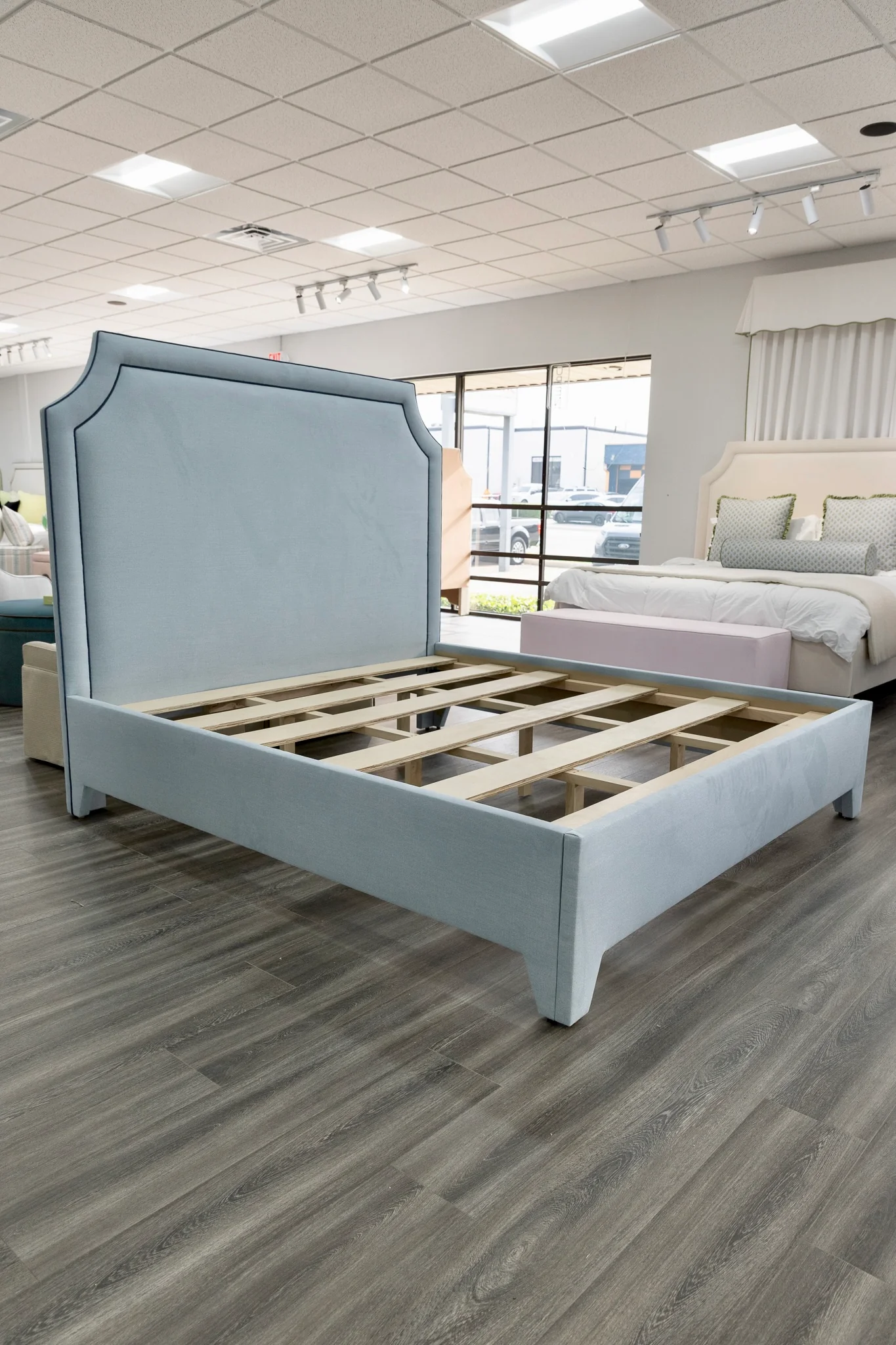 65" H King Platform Bed - Upholstered Legs - Sky Blue Woven Fabric with Navy Trim - Image 5