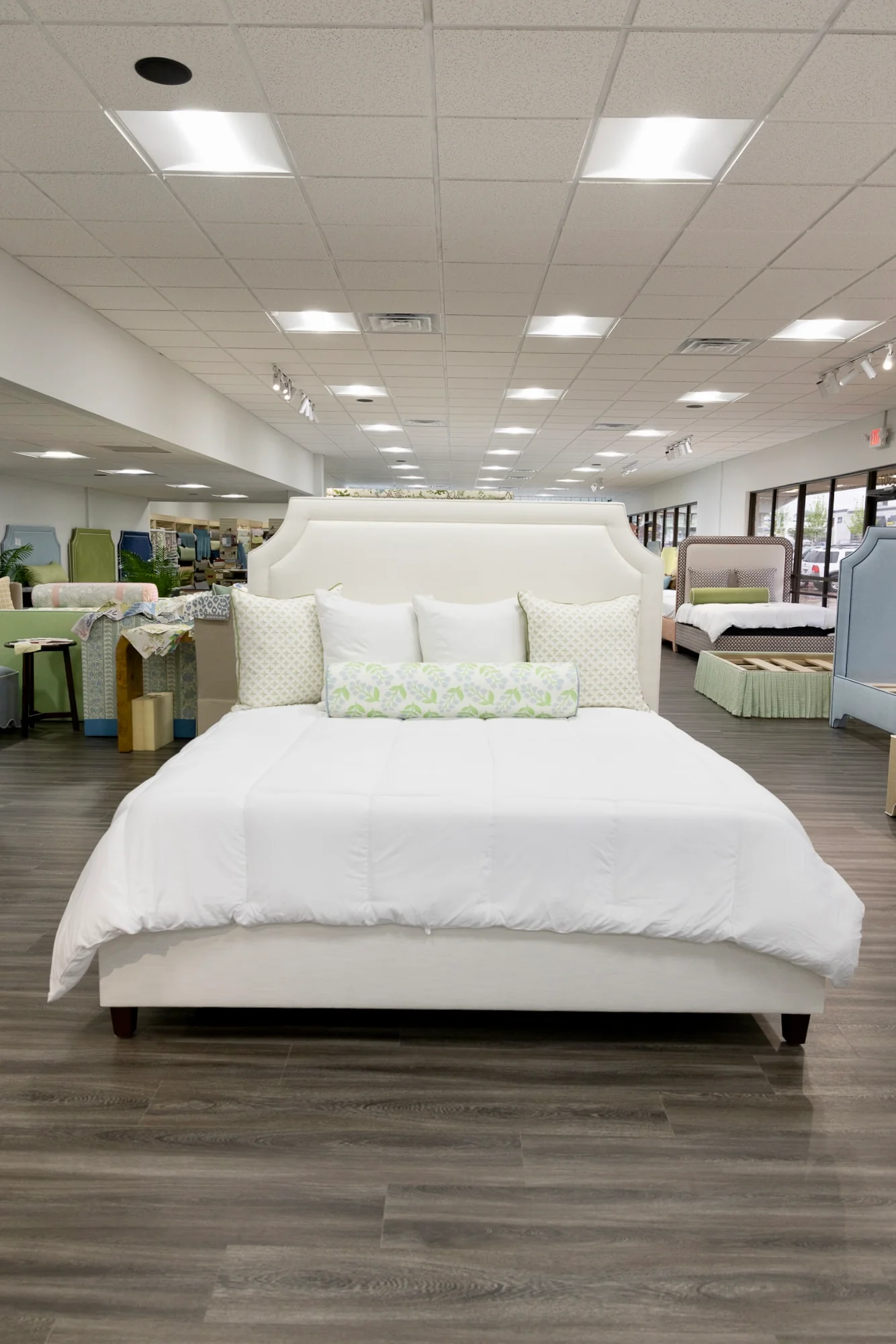 65âH King Platform Bed - Wooden Legs - Off White Linen Fabric - Image 2