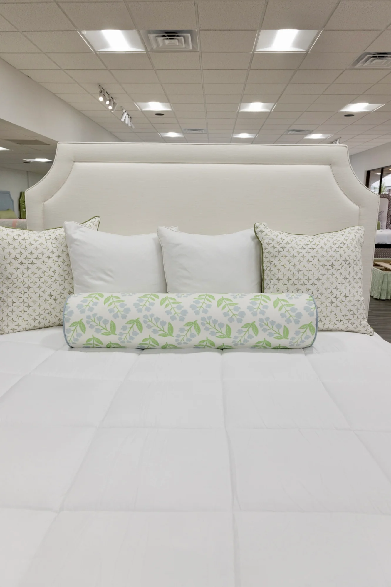 65âH King Platform Bed - Wooden Legs - Off White Linen Fabric - Image 4