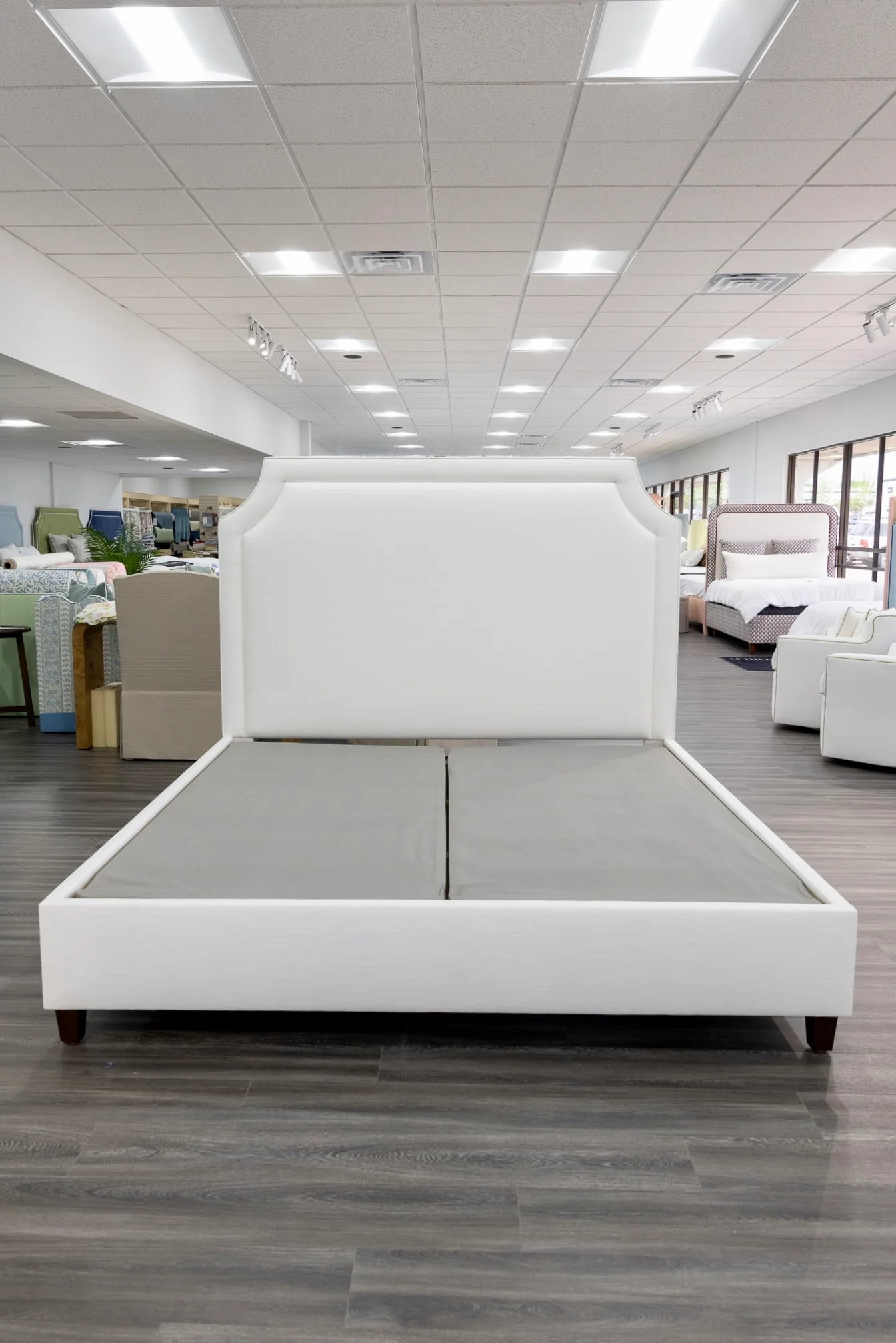 65âH King Platform Bed - Wooden Legs - Off White Linen Fabric - Image 6