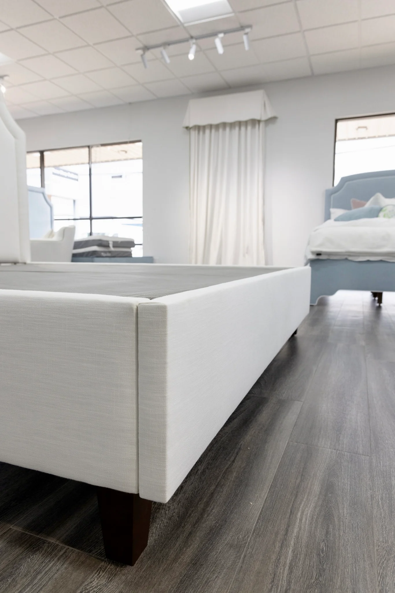 65âH King Platform Bed - Wooden Legs - Off White Linen Fabric - Image 7