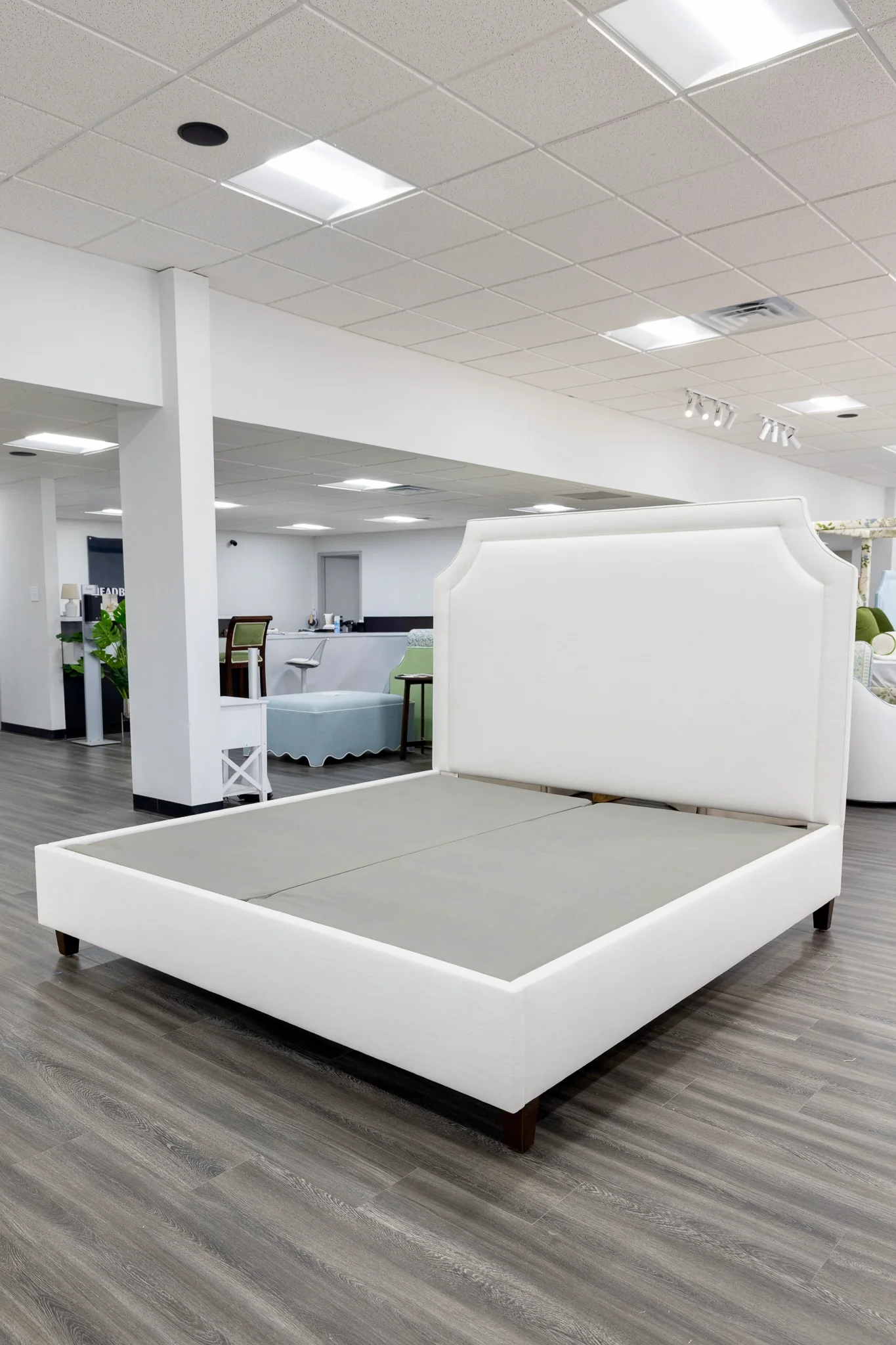 65âH King Platform Bed - Wooden Legs - Off White Linen Fabric - Image 8