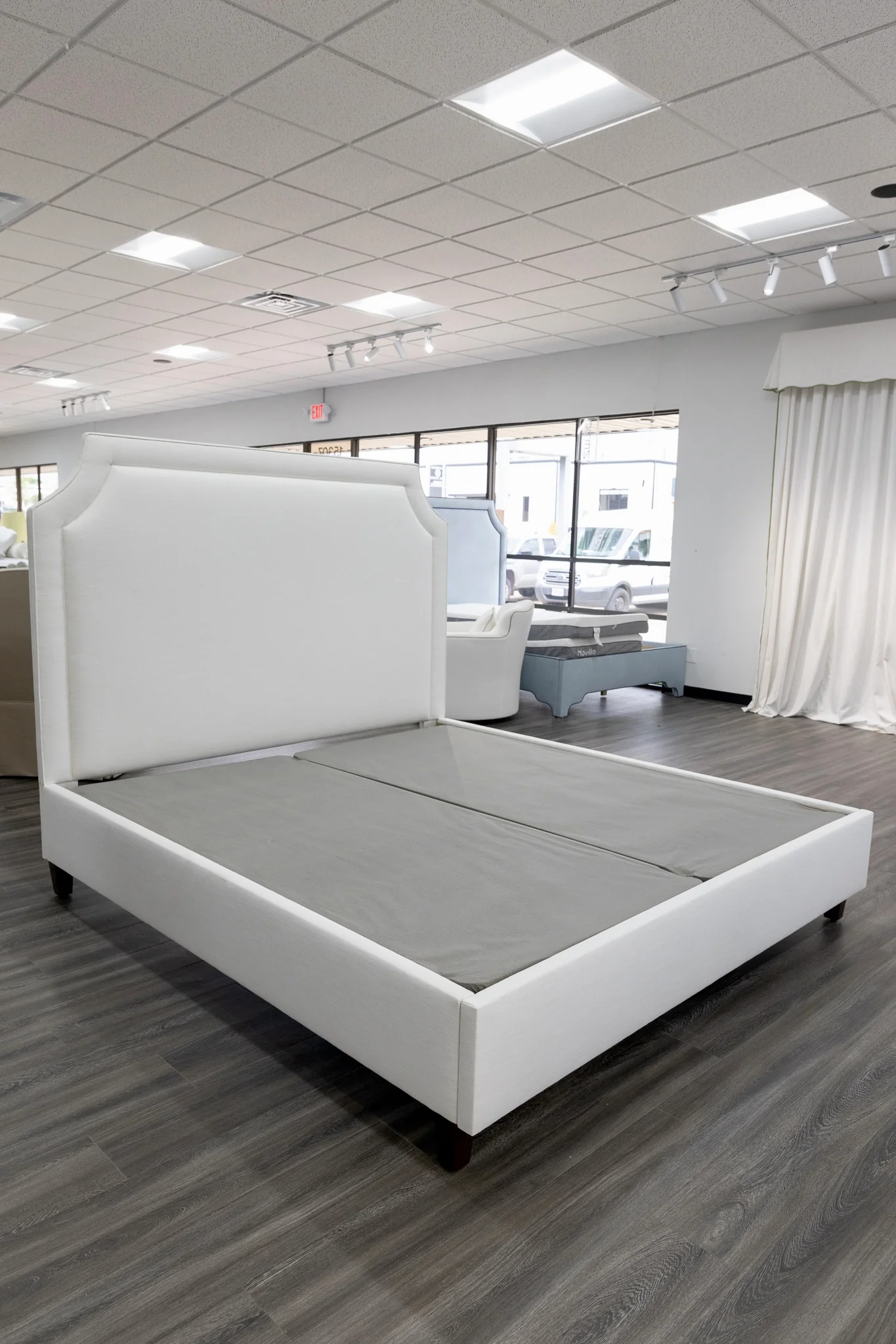 65âH King Platform Bed - Wooden Legs - Off White Linen Fabric - Image 9