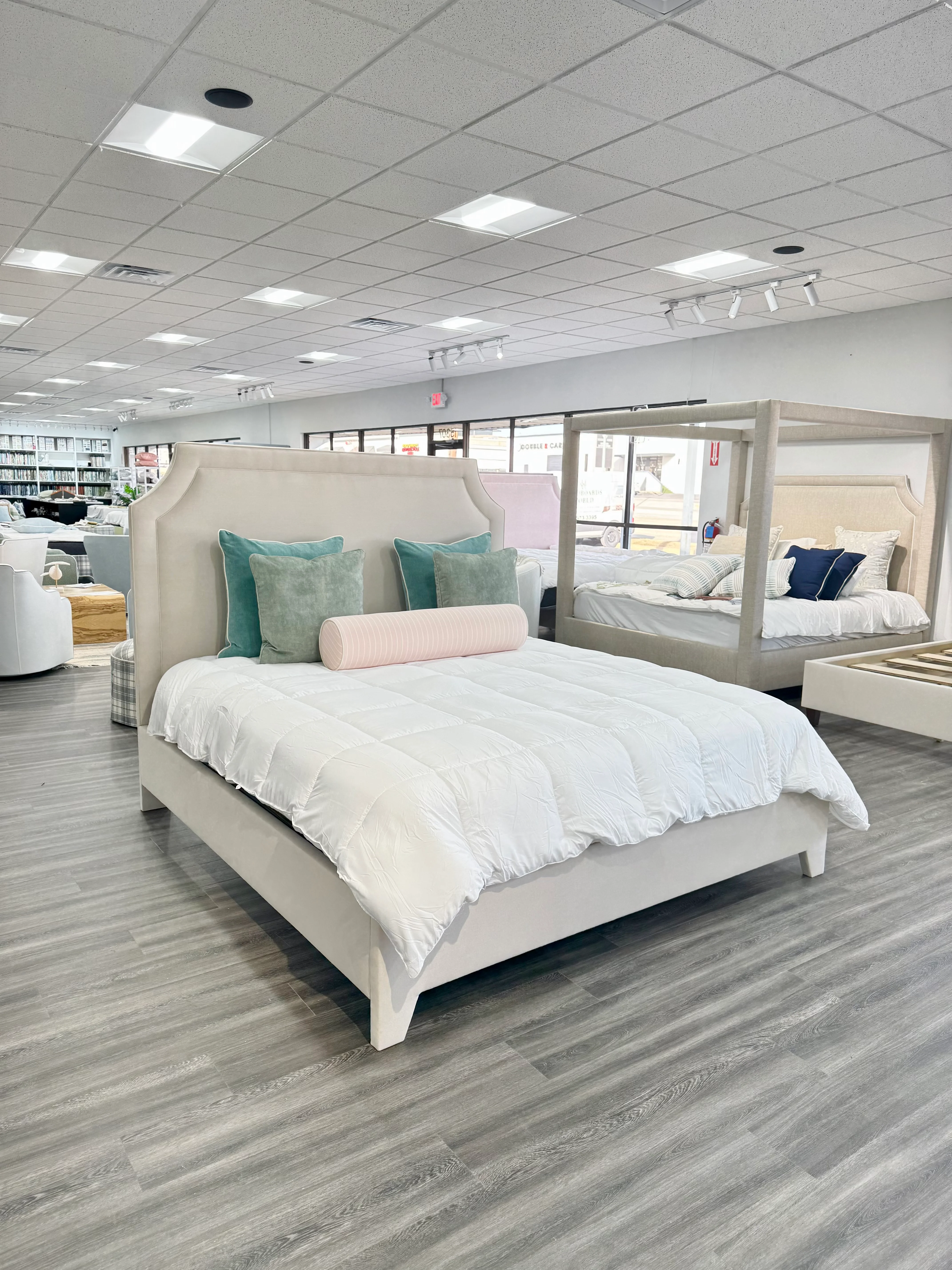 65" H King Platform Bed - Upholstered Legs - Beige Woven Fabric - Self Welted - Image 2