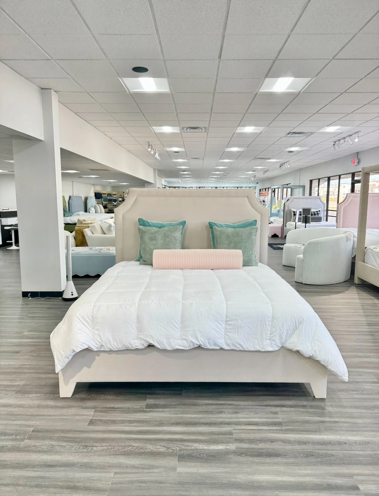 65" H King Platform Bed - Upholstered Legs - Beige Woven Fabric - Self Welted - Image 4
