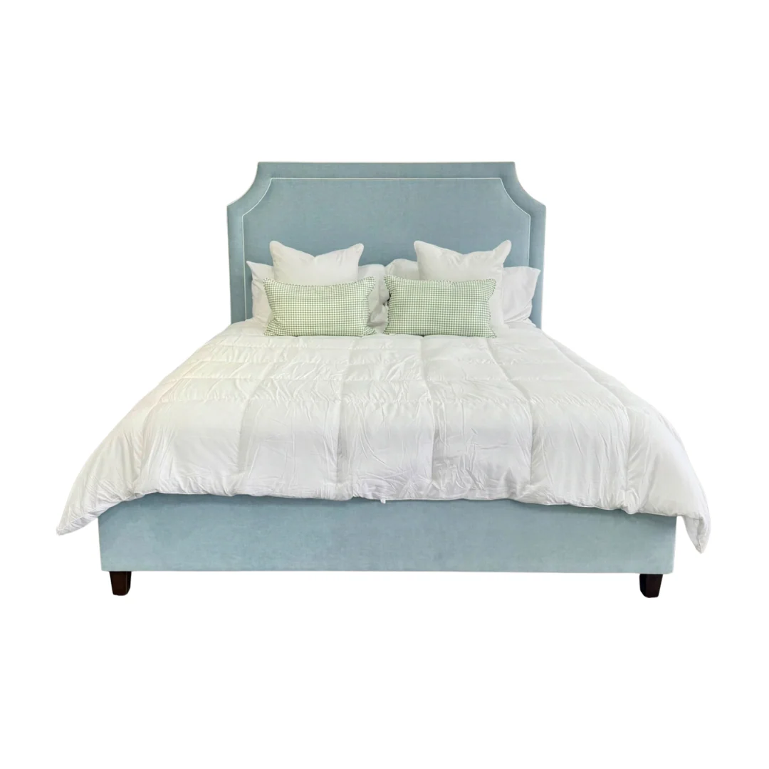 65" H King Platform Bed - Wooden Legs - Seafoam Blue Chenille Fabric with White Trim