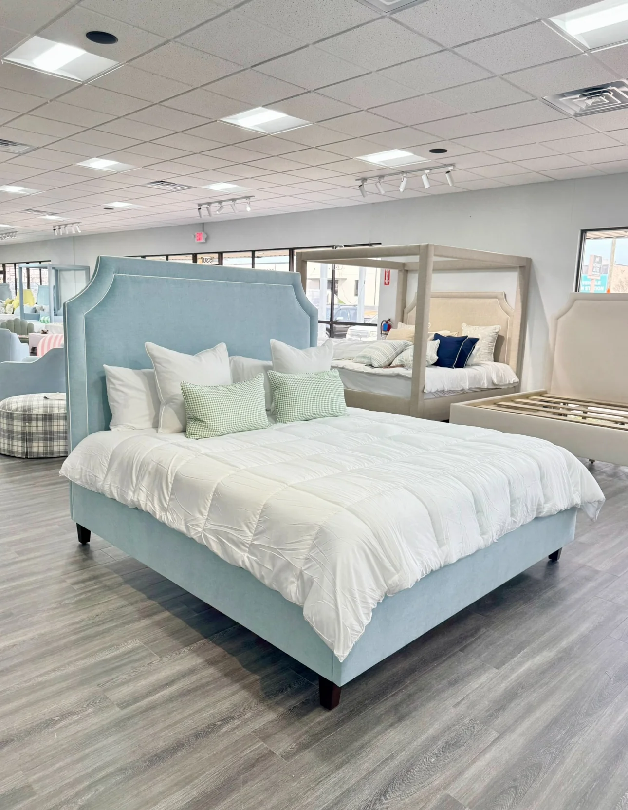 65" H King Platform Bed - Wooden Legs - Seafoam Blue Chenille Fabric with White Trim - Image 2