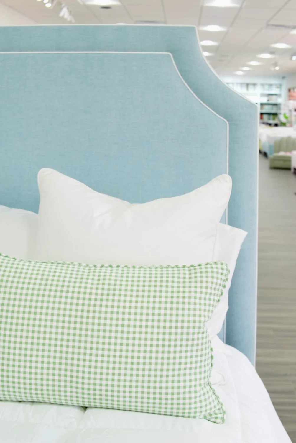 65" H King Platform Bed - Wooden Legs - Seafoam Blue Chenille Fabric with White Trim - Image 4