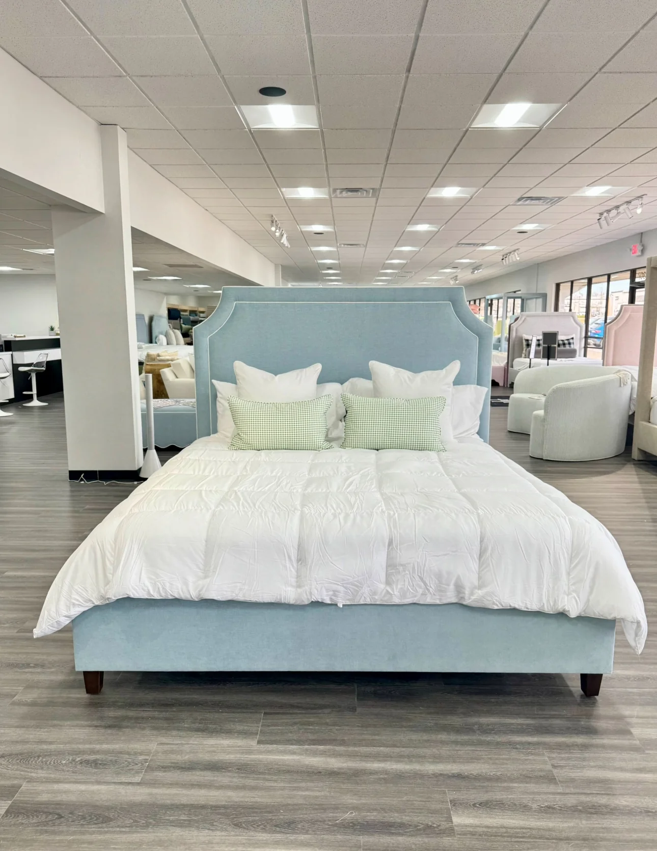 65" H King Platform Bed - Wooden Legs - Seafoam Blue Chenille Fabric with White Trim - Image 6
