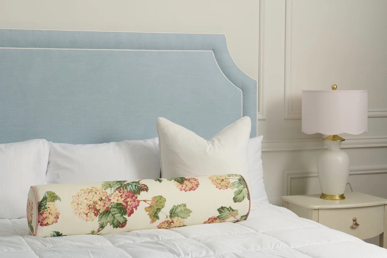 65" H King Platform Bed - Wooden Legs - Sky Blue Woven Fabric with White Trim - Image 3