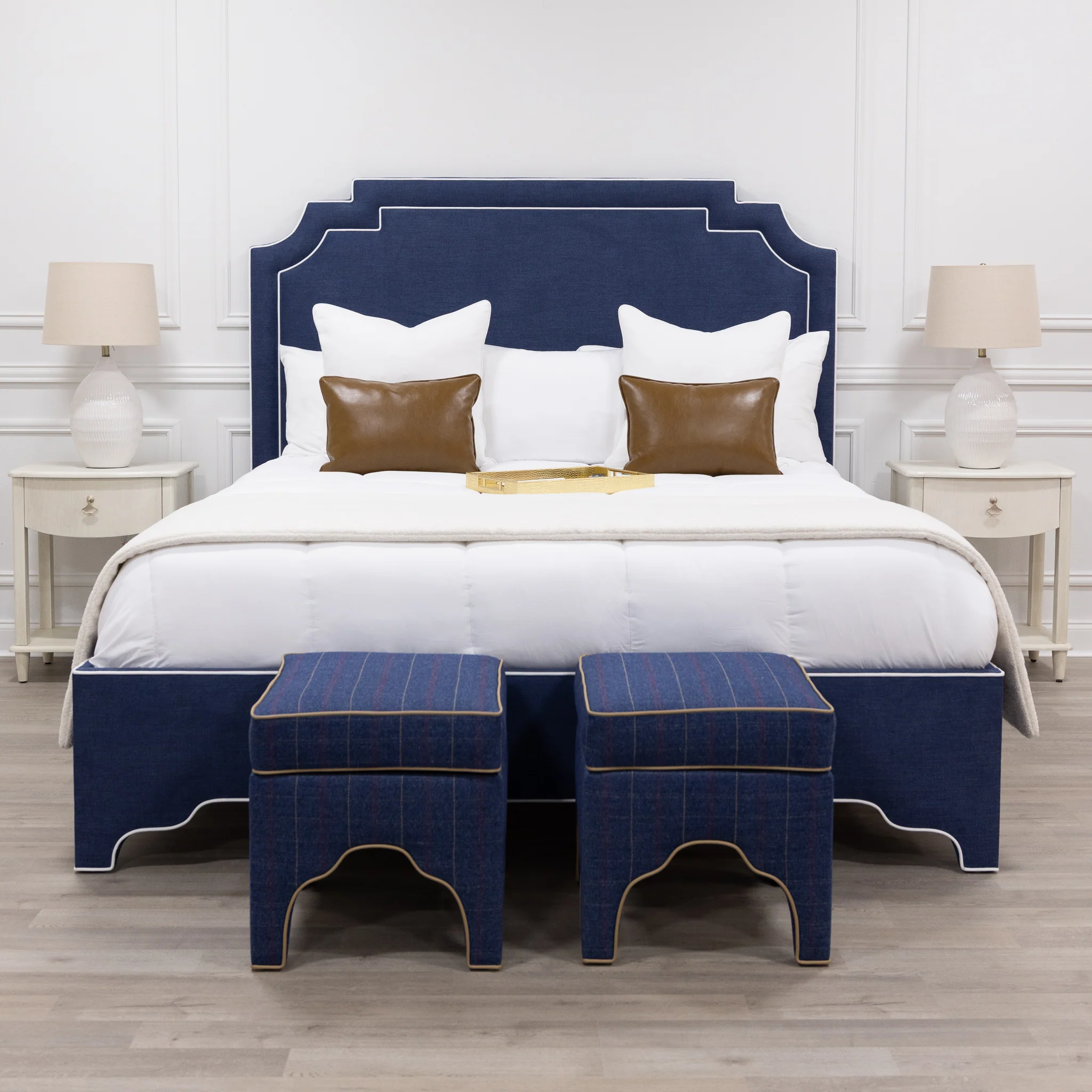 65"H Martha King Platform Bed - Upholstered Legs - Navy Blue Woven Fabric - White Trim - Image 2