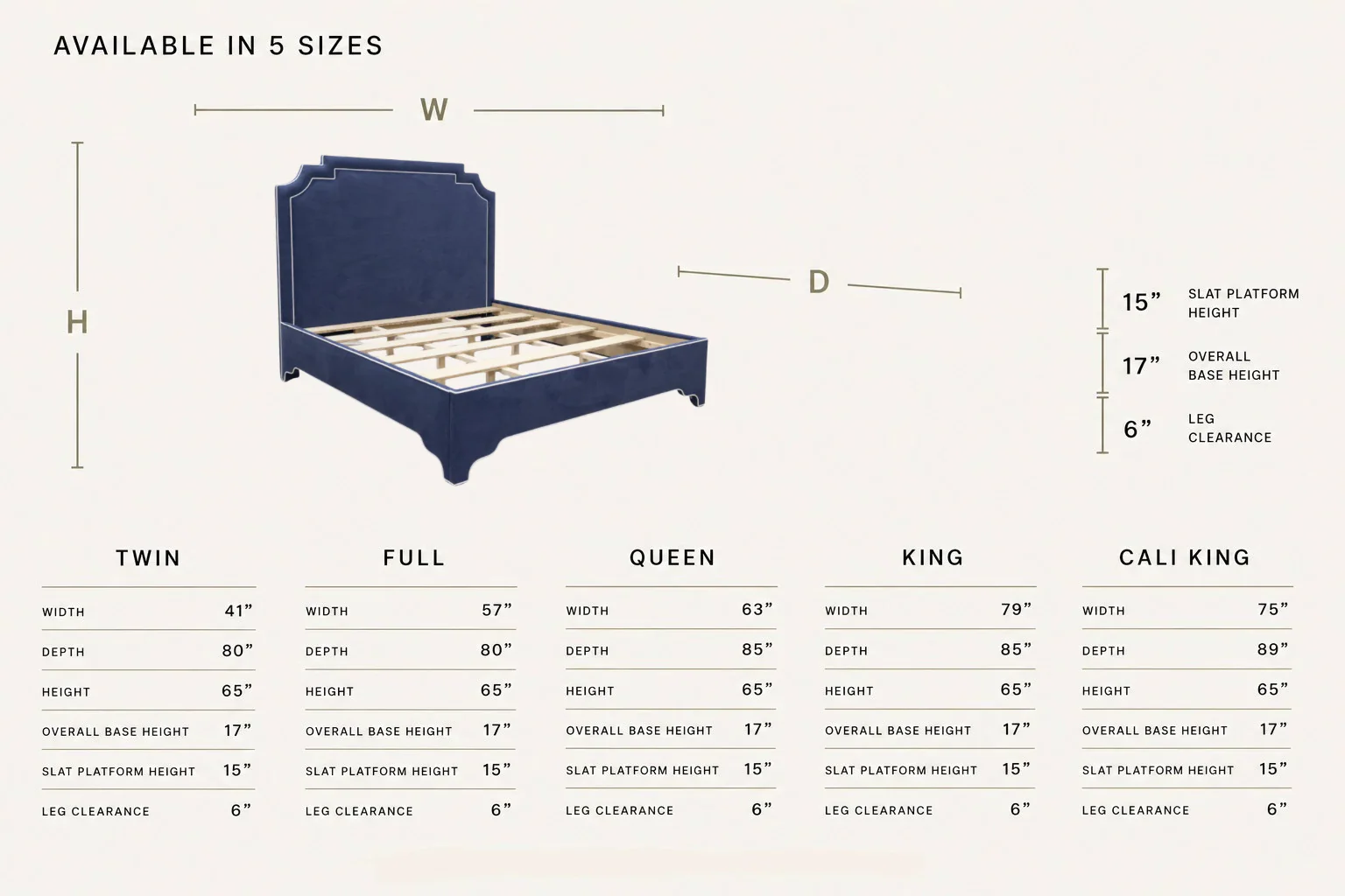 65"H Martha King Platform Bed - Upholstered Legs - Navy Blue Woven Fabric - White Trim - Image 4