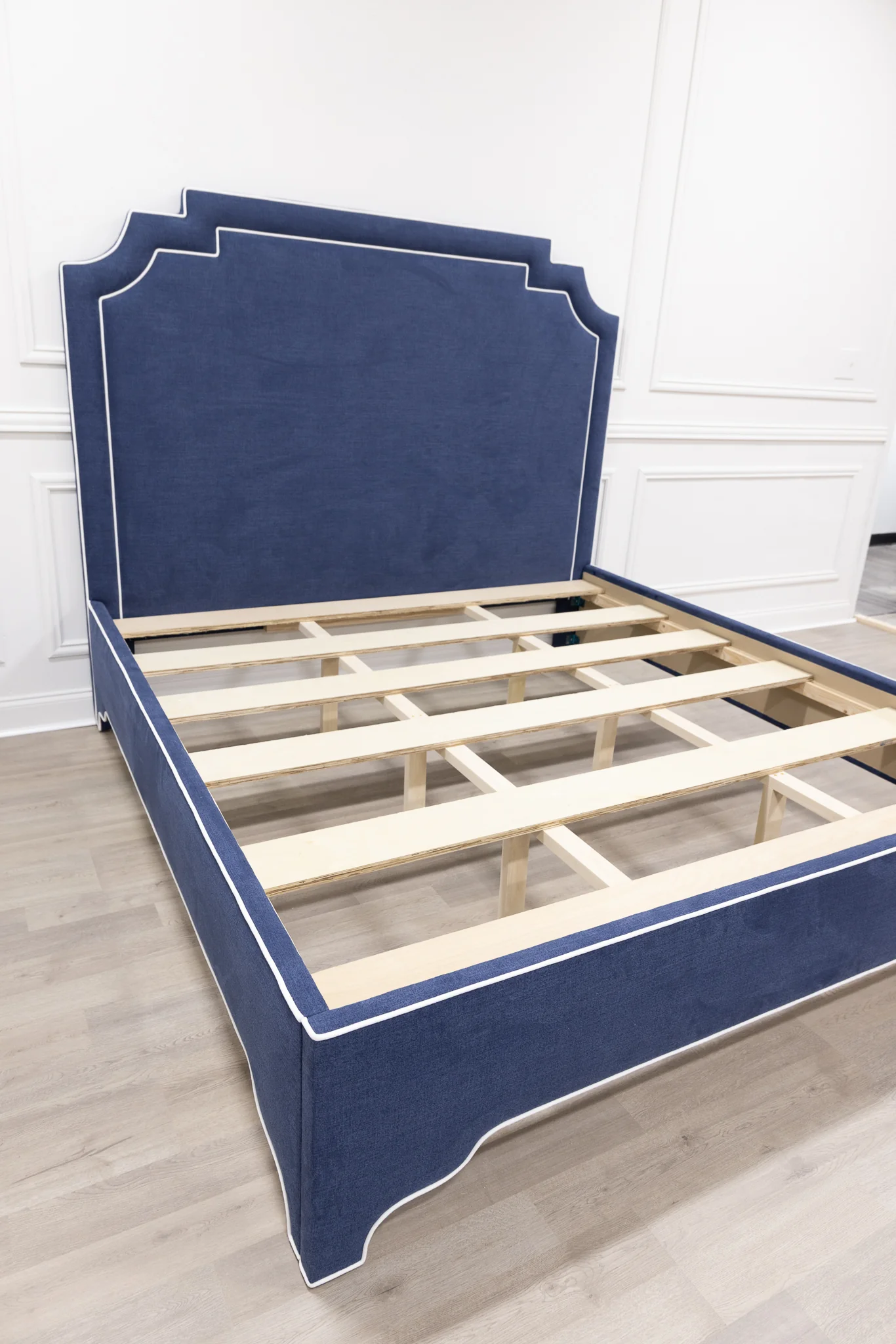 65"H Martha King Platform Bed - Upholstered Legs - Navy Blue Woven Fabric - White Trim - Image 6